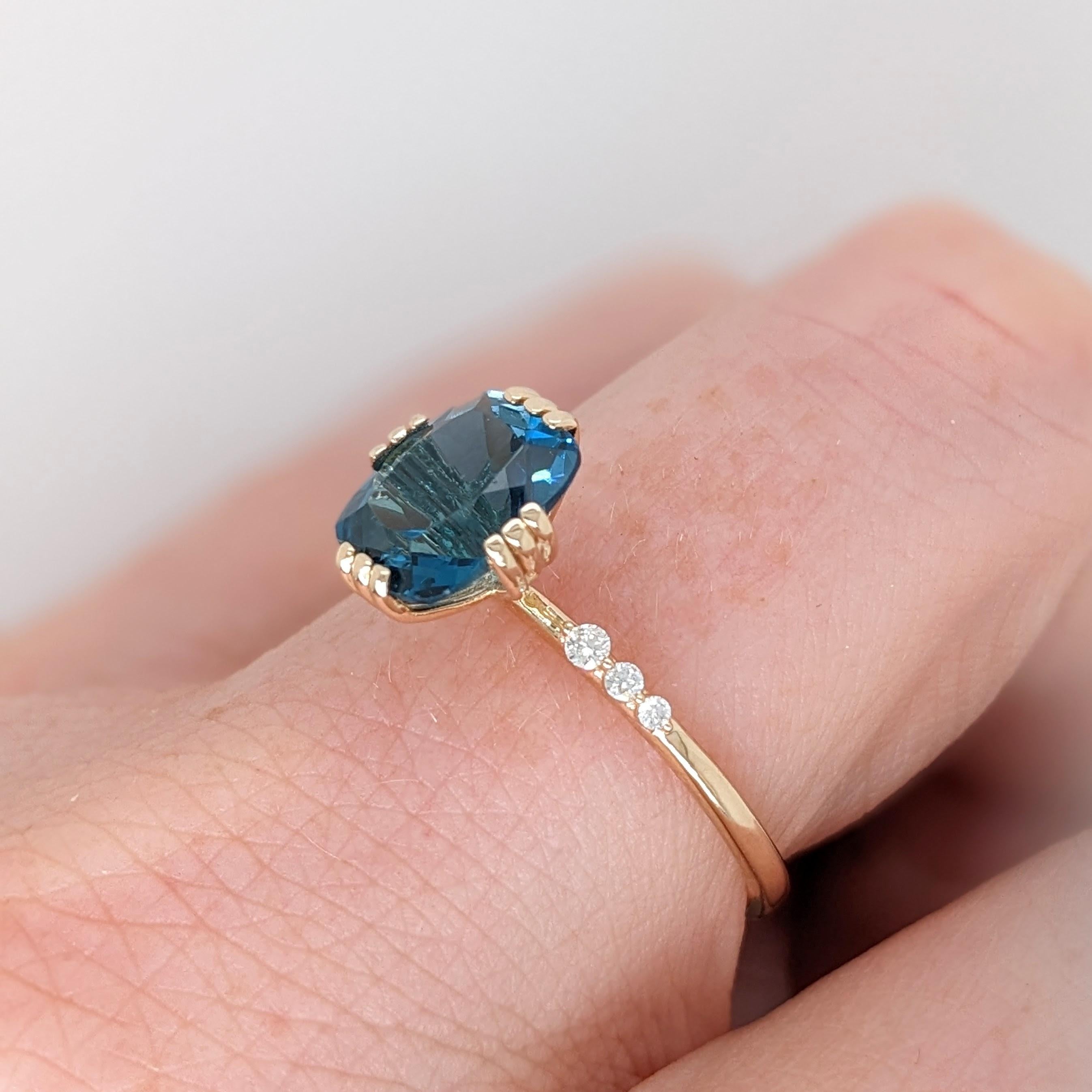 2.4ct London Blue Topaz Ring w Natural Diamonds in Solid 14K Gold Cushion 9x7mm For Sale 1