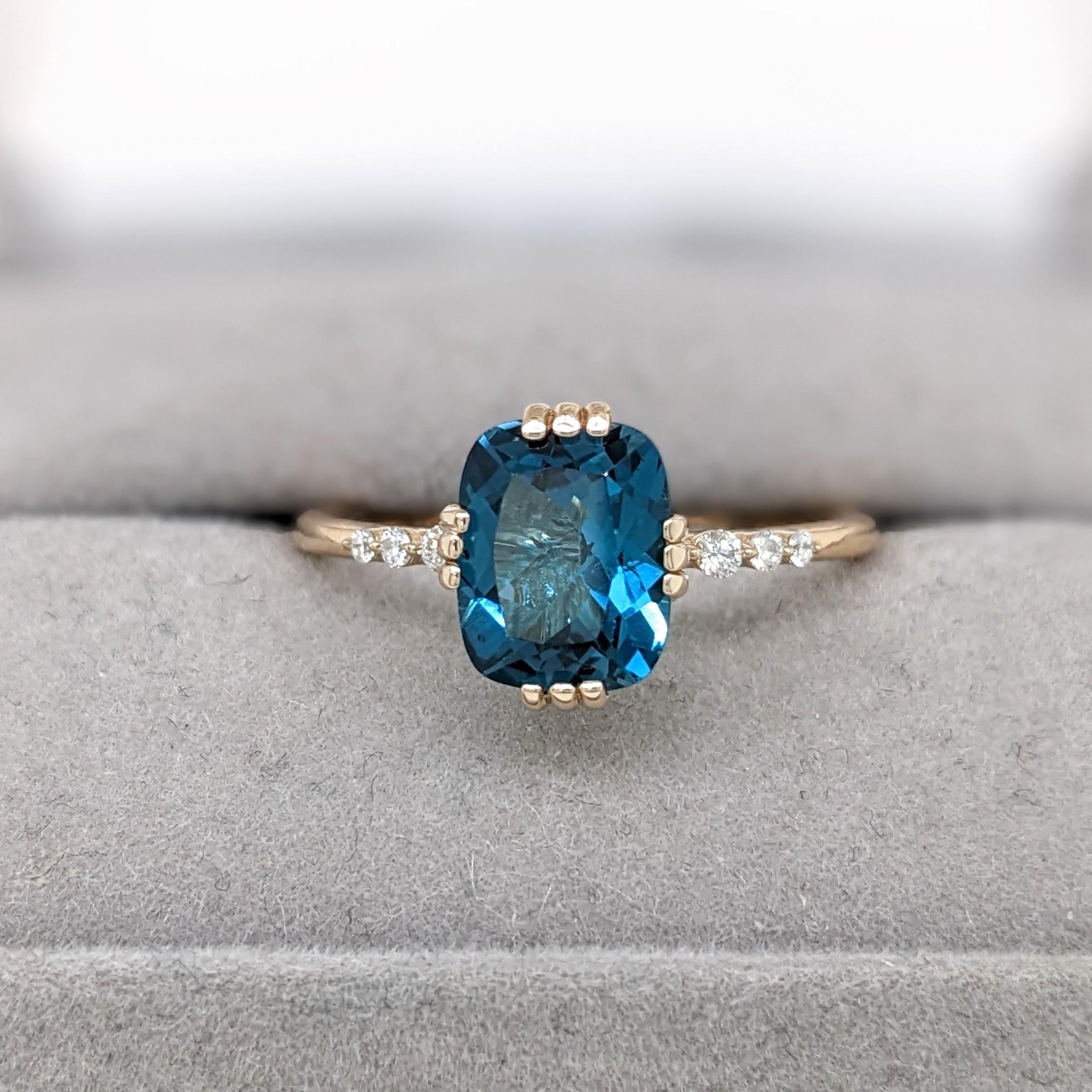 2.4ct London Blue Topaz Ring w Natural Diamonds in Solid 14K Gold Cushion 9x7mm For Sale 2