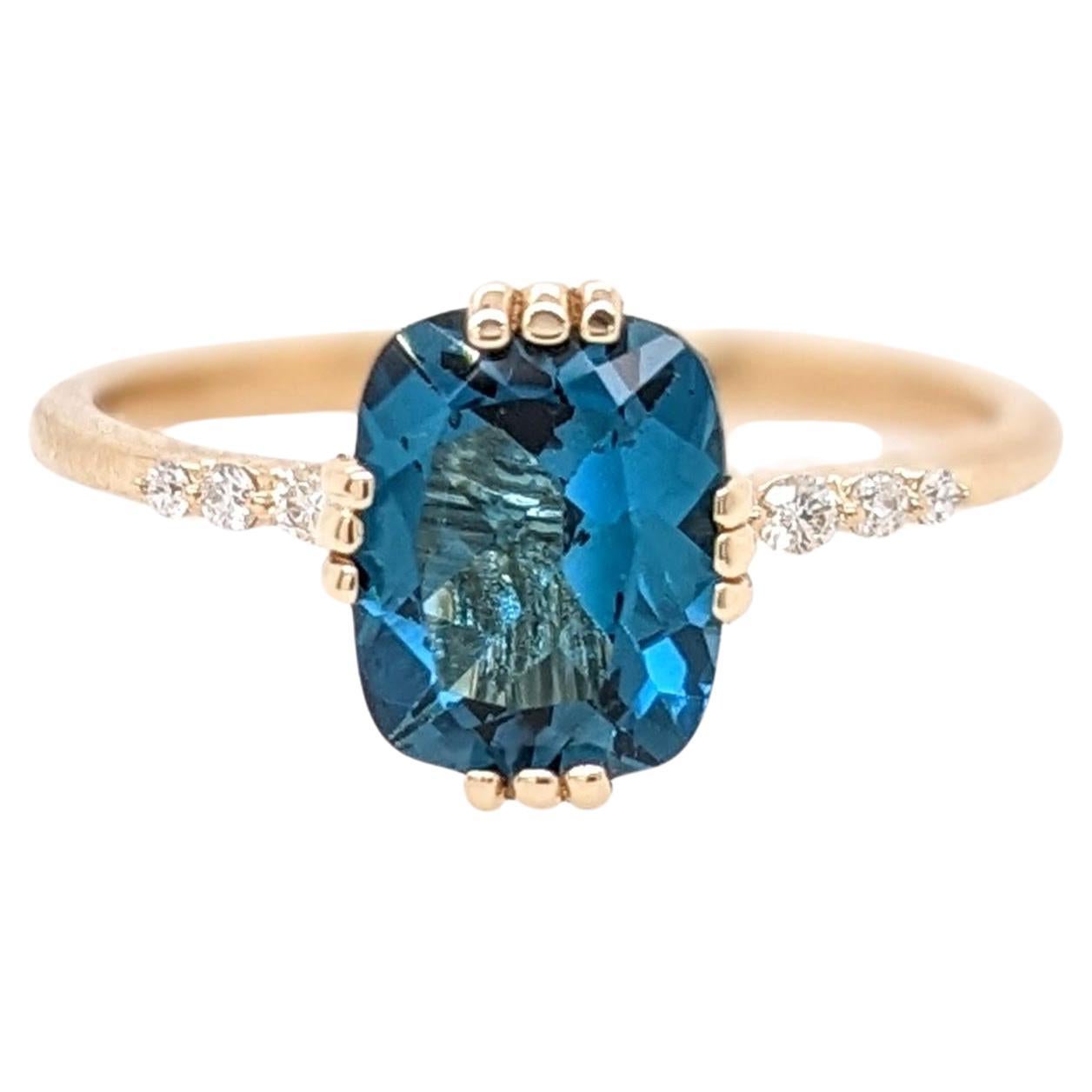 2.4ct London Blue Topaz Ring w Natural Diamonds in Solid 14K Gold Cushion 9x7mm For Sale