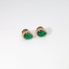 2.4ct Natural Pear-Cut Emerald & Diamond Halo Stud Earrings in 18K Yellow Gold