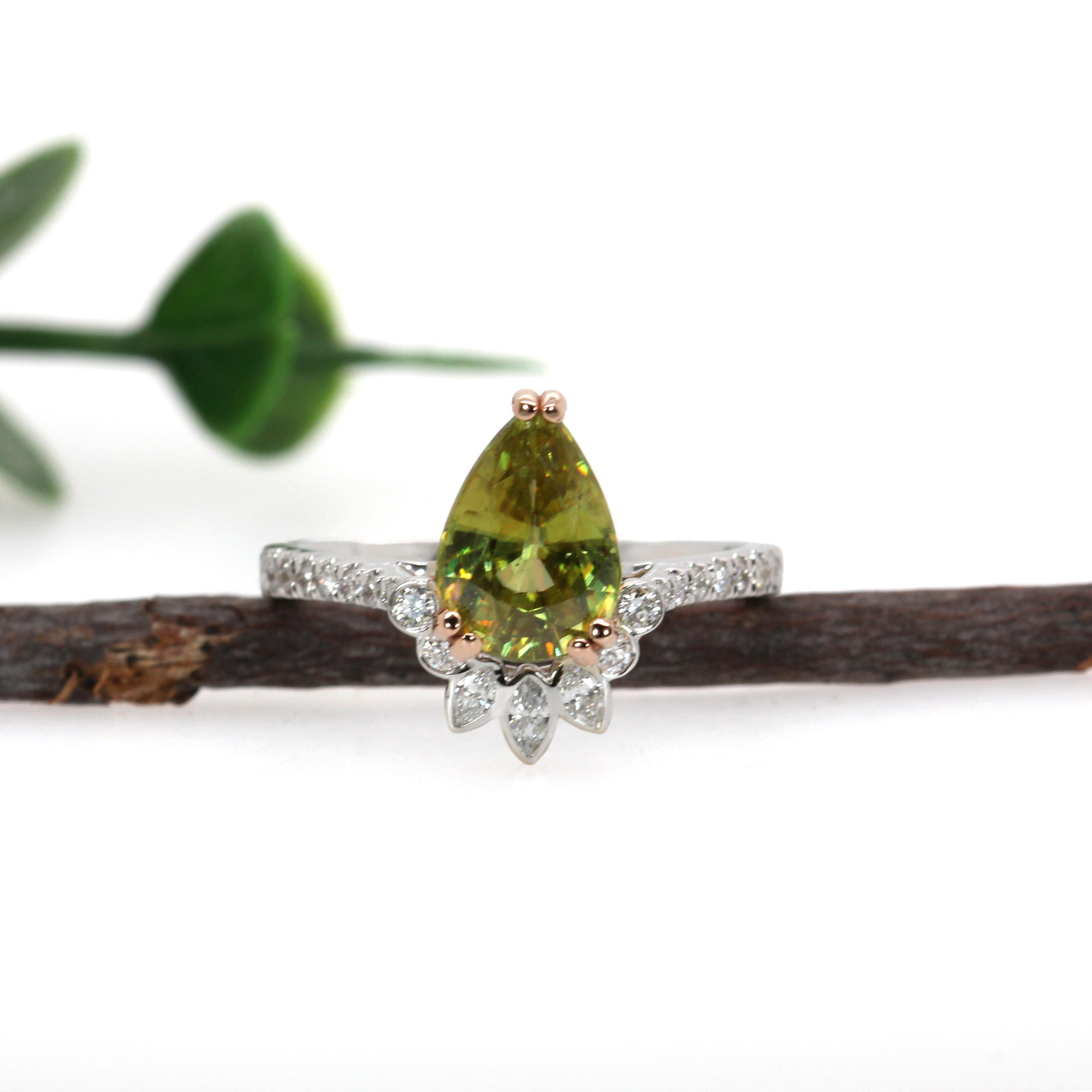 Art Deco 2.4ct Sphene Ring w Natural Diamond Accents in 14K Dual Tone Gold  PE 9x6mm For Sale