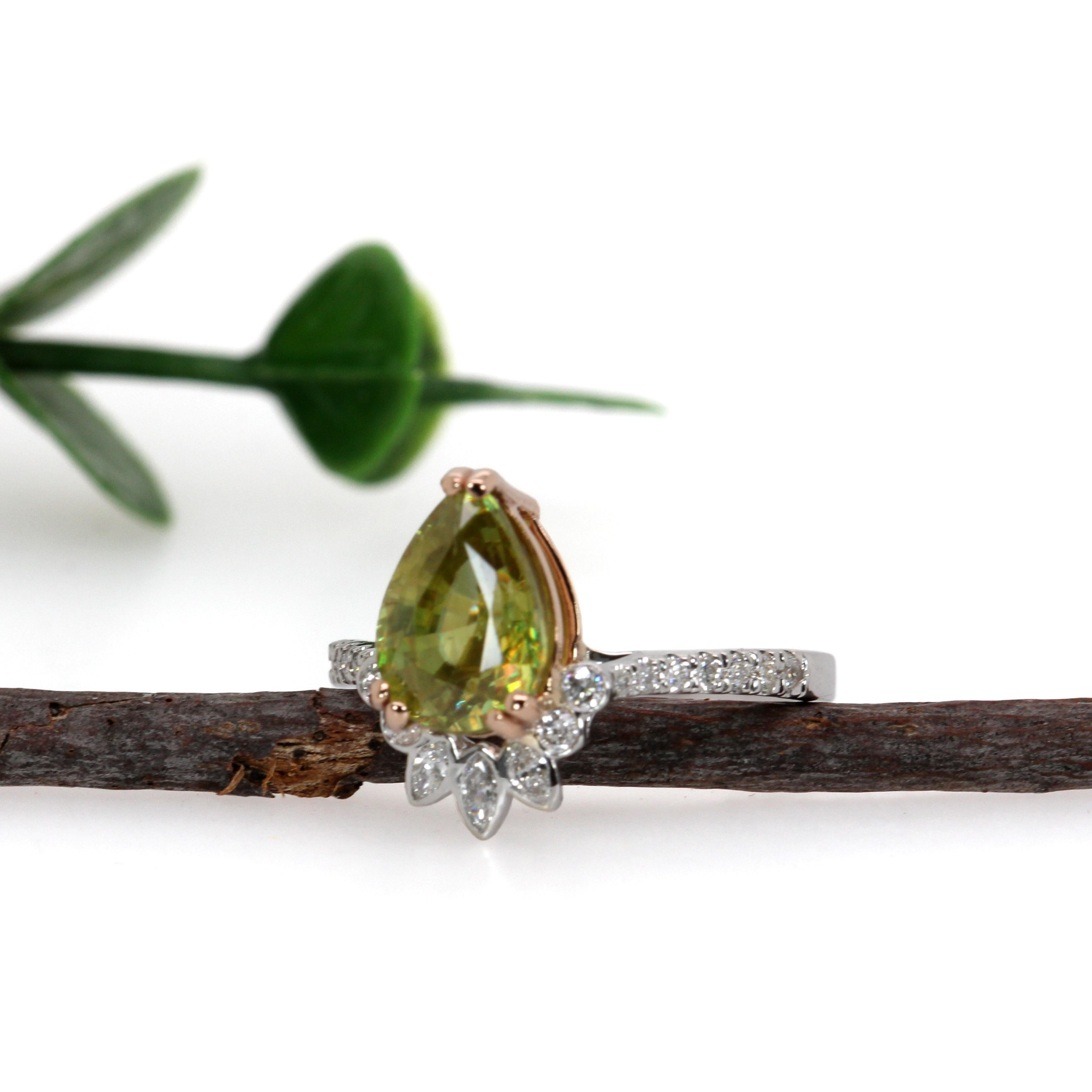 Pear Cut 2.4ct Sphene Ring w Natural Diamond Accents in 14K Dual Tone Gold  PE 9x6mm For Sale