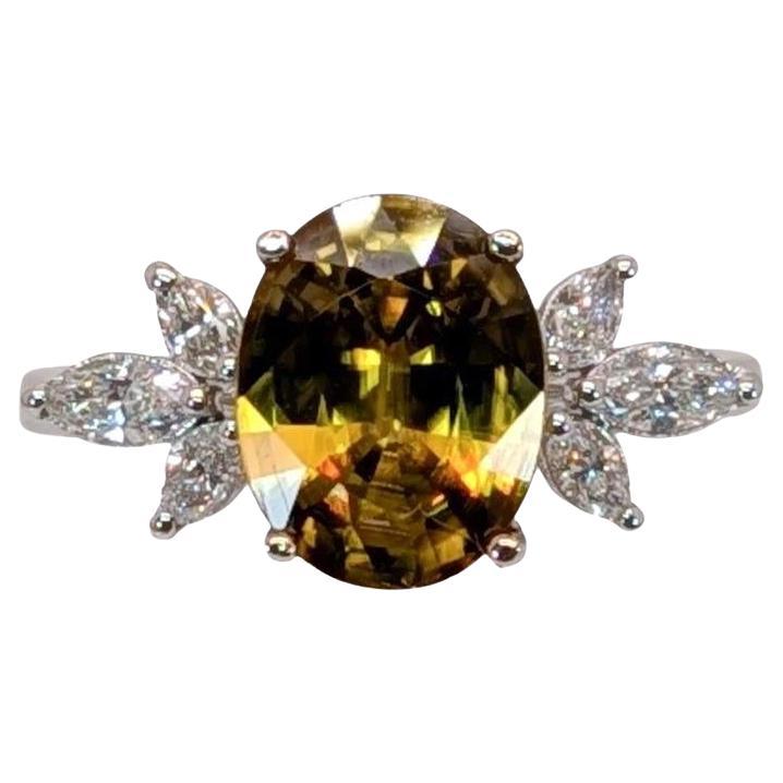 2.4ct Sphene Ring w Natural Diamond Accents in Solid 14K White Gold  OV 9x7mm