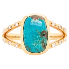 2.4Ct Turquoise Ring with Earth Mined Diamond Accents: Solid 14K Gold 11x7.5mm