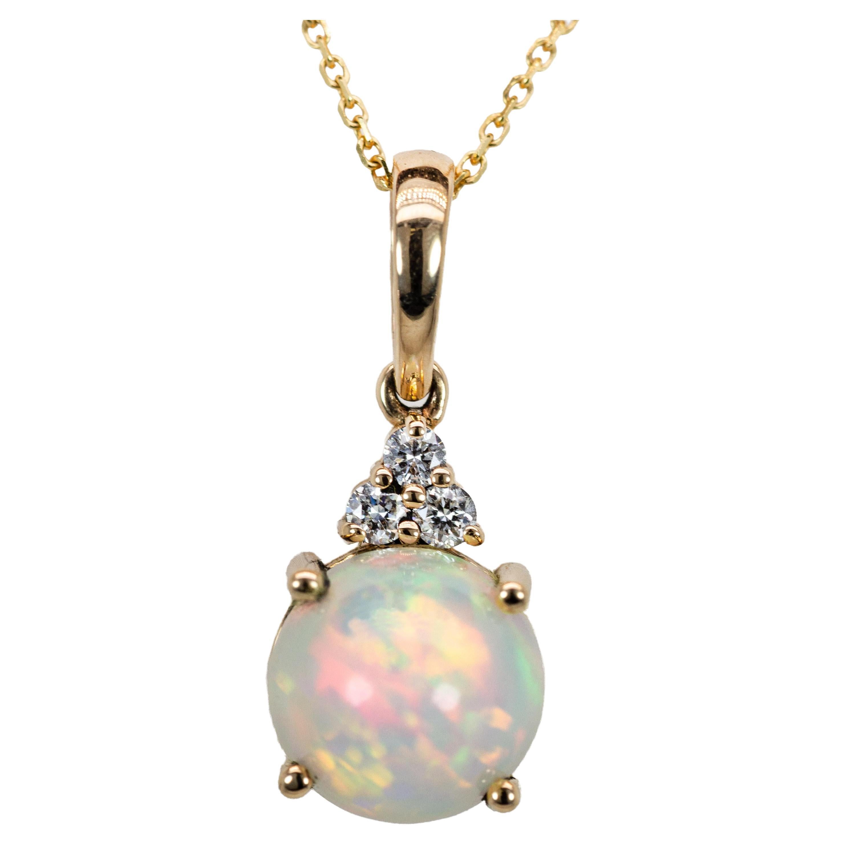 2.4cts Ethiopian Opal Pendant w Natural Diamond Accents in 14K Solid Gold RD 9mm