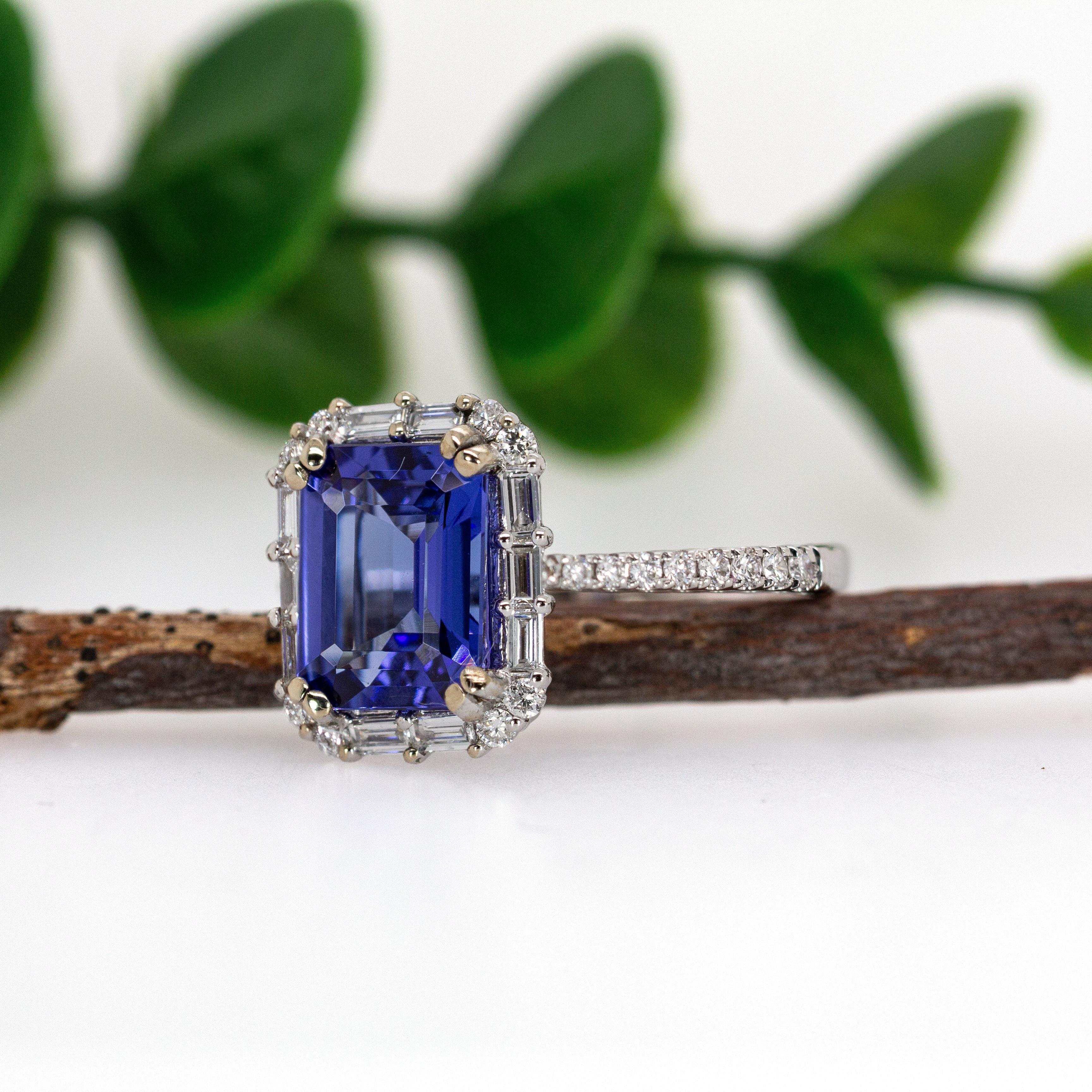 Emerald Cut 2.4cts Tanzanite and Natural Diamond Ring in 14K Solid Gold  EM 9x7mm