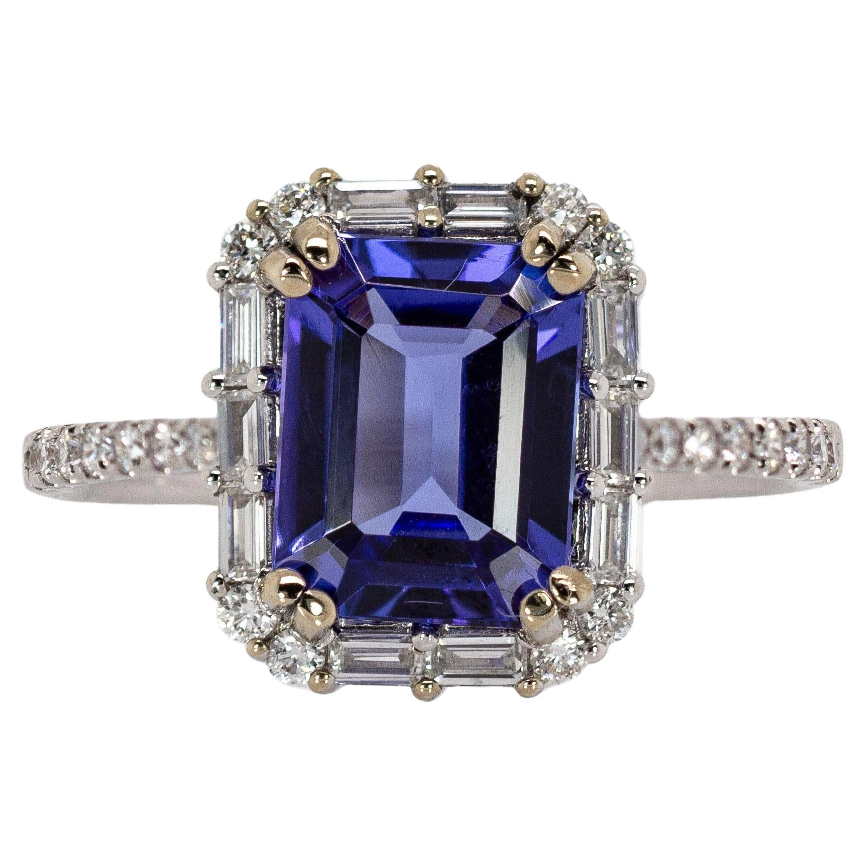 2.4cts Tanzanite and Natural Diamond Ring in 14K Solid Gold  EM 9x7mm