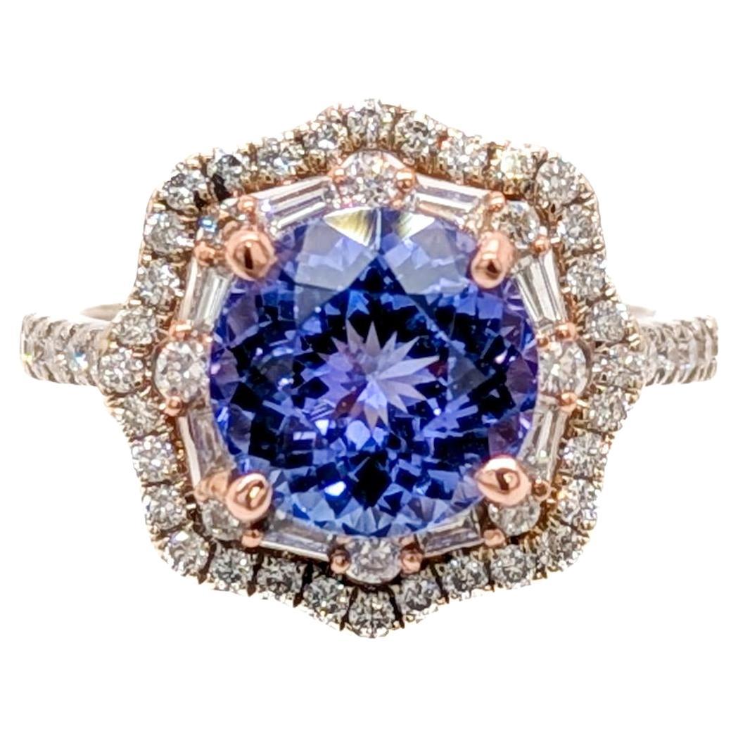 2.4cts Tanzanite Ring with Double Diamond Halo: Solid 14K Gold, Round 7mm For Sale