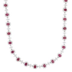 24ctw Ruby Diamond Flower Collar Necklace 18k White Gold 16" Statement