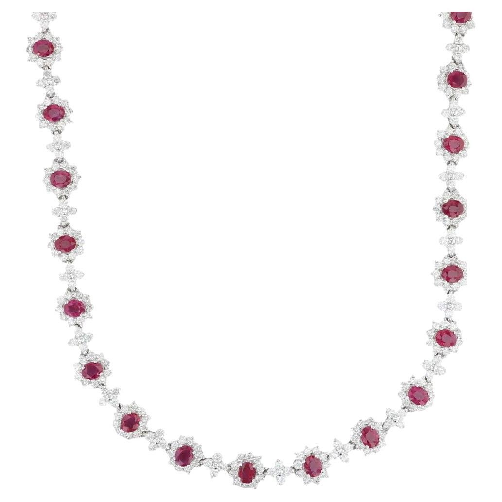 Collier à fleurs en or blanc 18 carats avec diamants et rubis de 24 carats, déclaration de 16 pouces