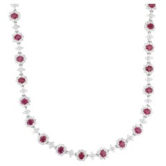 24ctw Ruby Diamond Flower Collar Necklace 18k White Gold 16" Statement