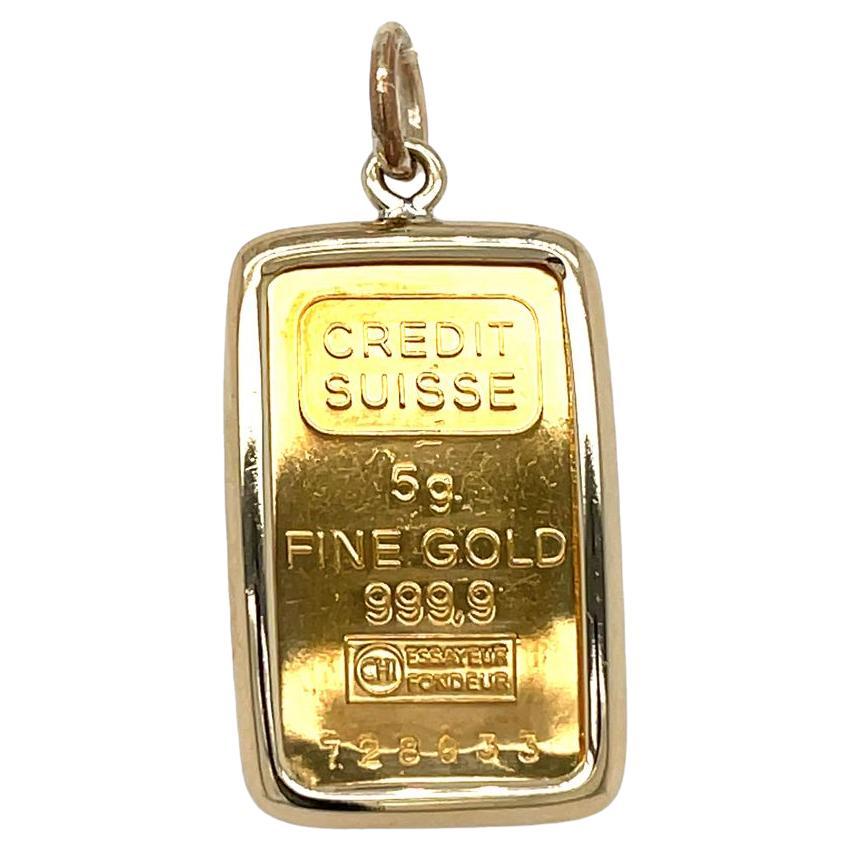 24k 5 Gram Credit Suisse Fine Gold Bar Pendant Charm with Bezel Frame For Sale