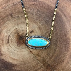 24 Karat and Oxidized Sterling Silver Kingman Turquoise, Cognac Diamond Necklace