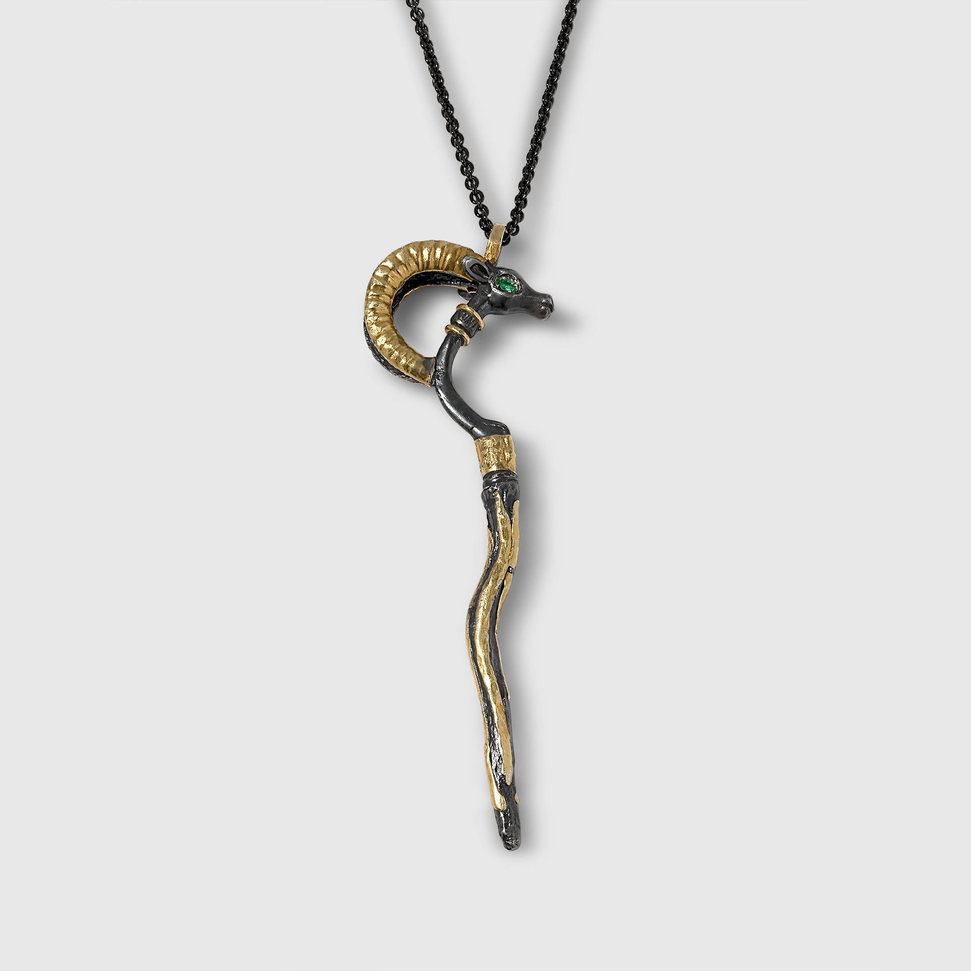 24K and Silver, Ancient Ram Pendant Necklace with Marquise Emerald Eyes
Handmade by Prehistoric Works of Istanbul, Turkey

The ram symbol is about boldness, new beginnings, new paths, power. This symbolic presence reminds us of ancient warriors and