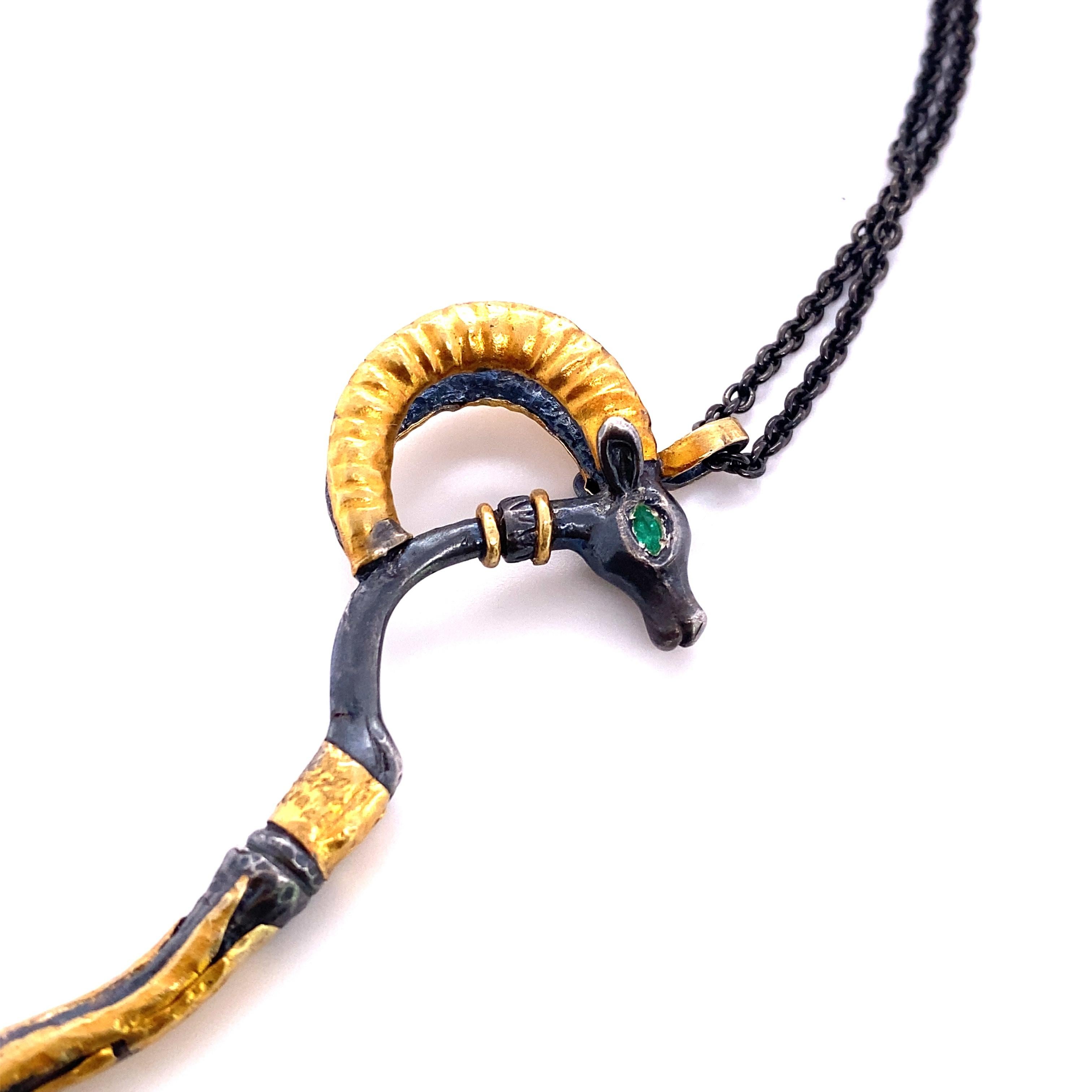 Byzantine 24K and Silver, Ancient Ram Pendant Necklace with Marquise Emerald Eyes For Sale