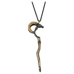 24K and Silver, Ancient Ram Pendant Necklace with Marquise Emerald Eyes