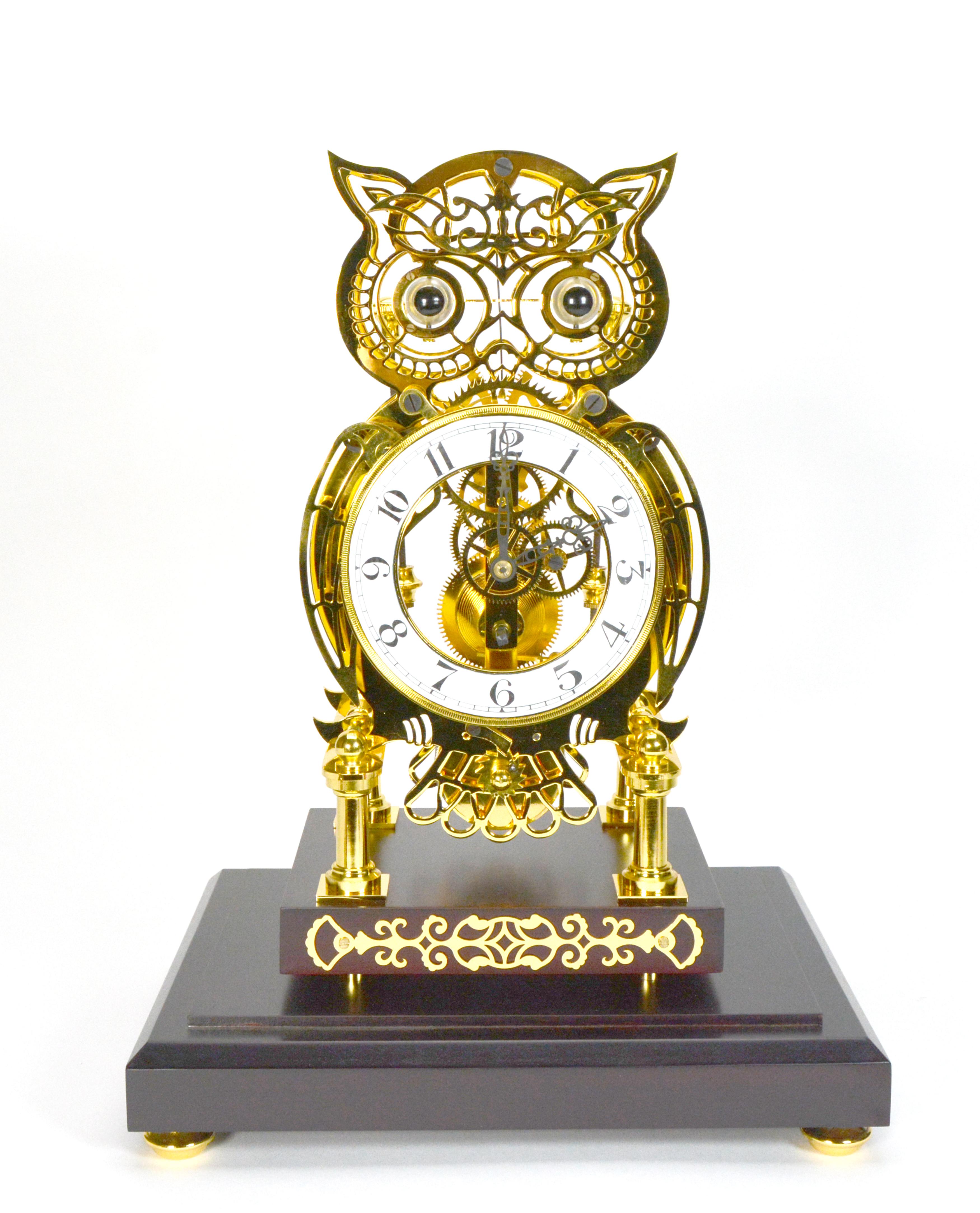 24K Animated Owl Blinking Eye & Flapping Wing Brass Skeleton Clock In Excellent Condition In Danville, CA