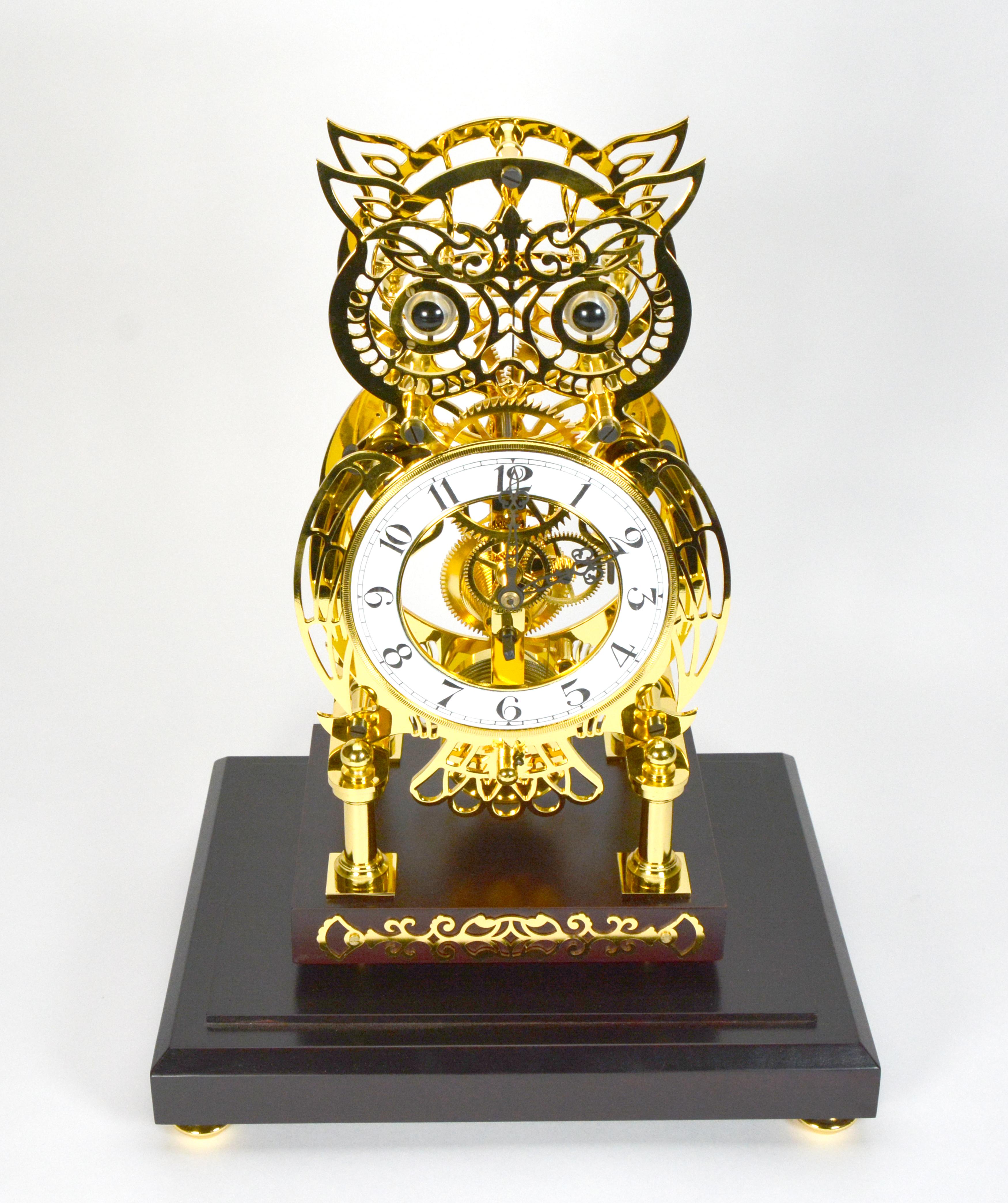 24K Animated Owl Blinking Eye & Flapping Wing Brass Skeleton Clock 2