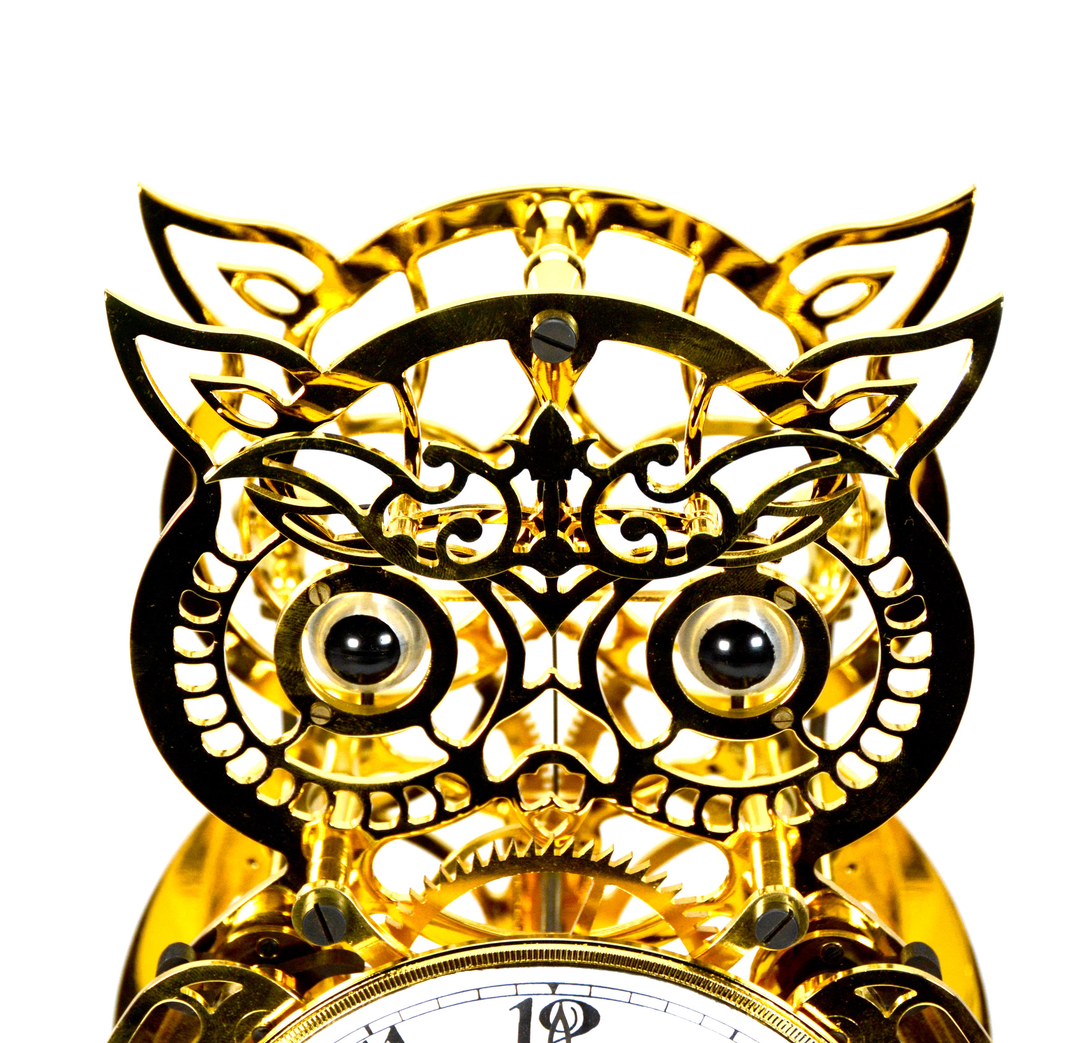 24K Animated Owl Blinking Eye & Flapping Wing Brass Skeleton Clock 3