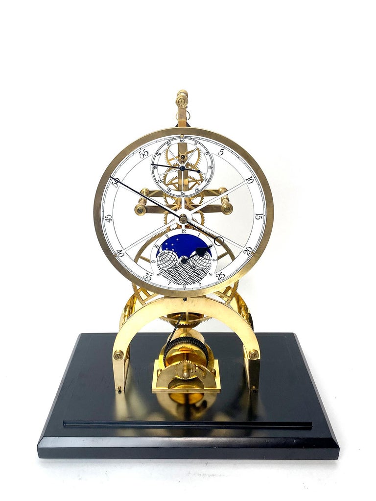 24K Astro Porcelain Moon Dial 8 Day Fusee Chain Skeleton Clock For Sale