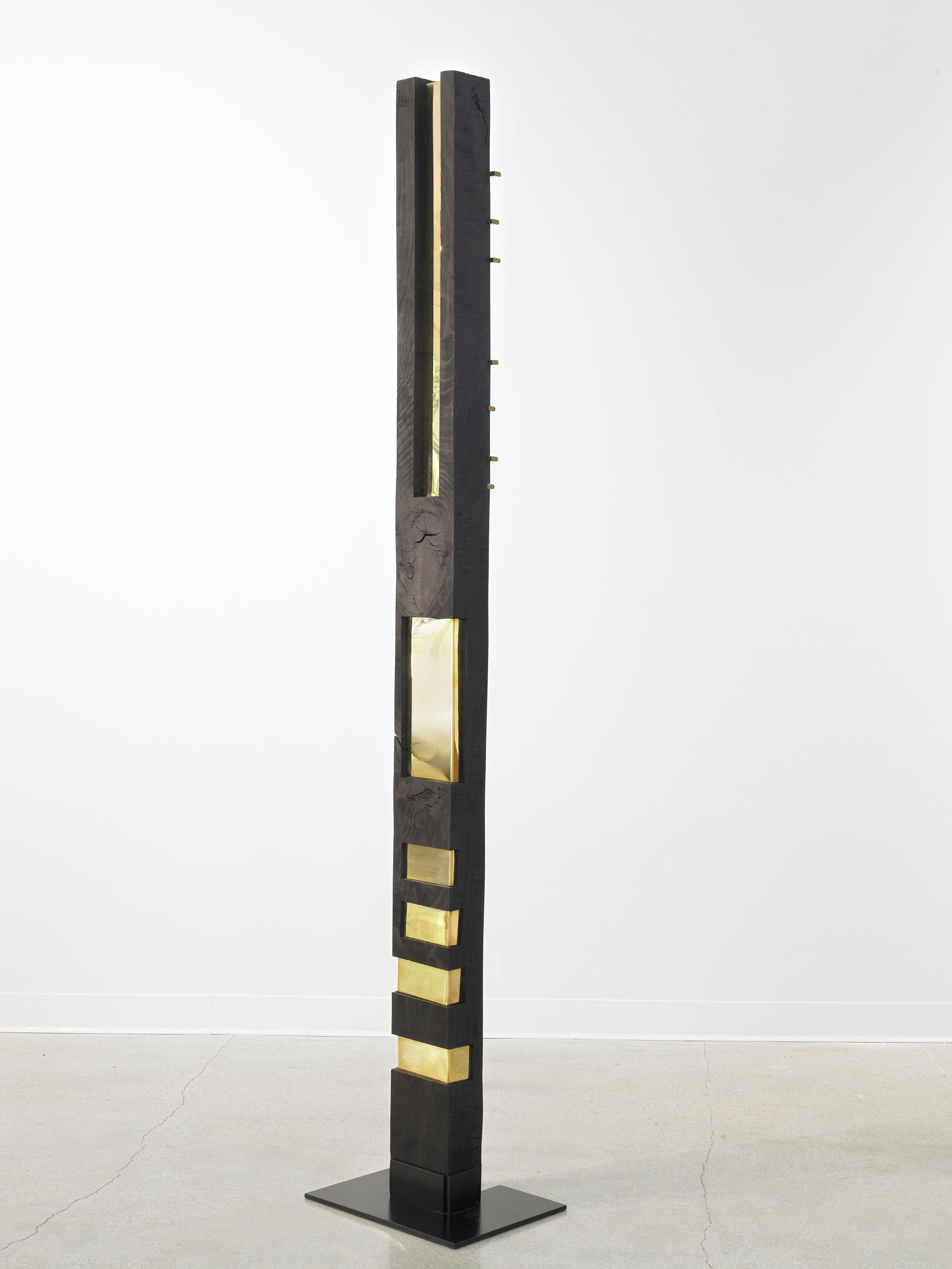 24k Black Abstract Totem Sculpture Ebonized Wood and Brass by Vivian Carbonell In New Condition For Sale In Miami, FL