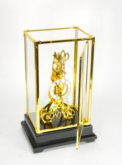 24K Brass Double Scissor Pendulum Porcelain Dial Skeleton Clock