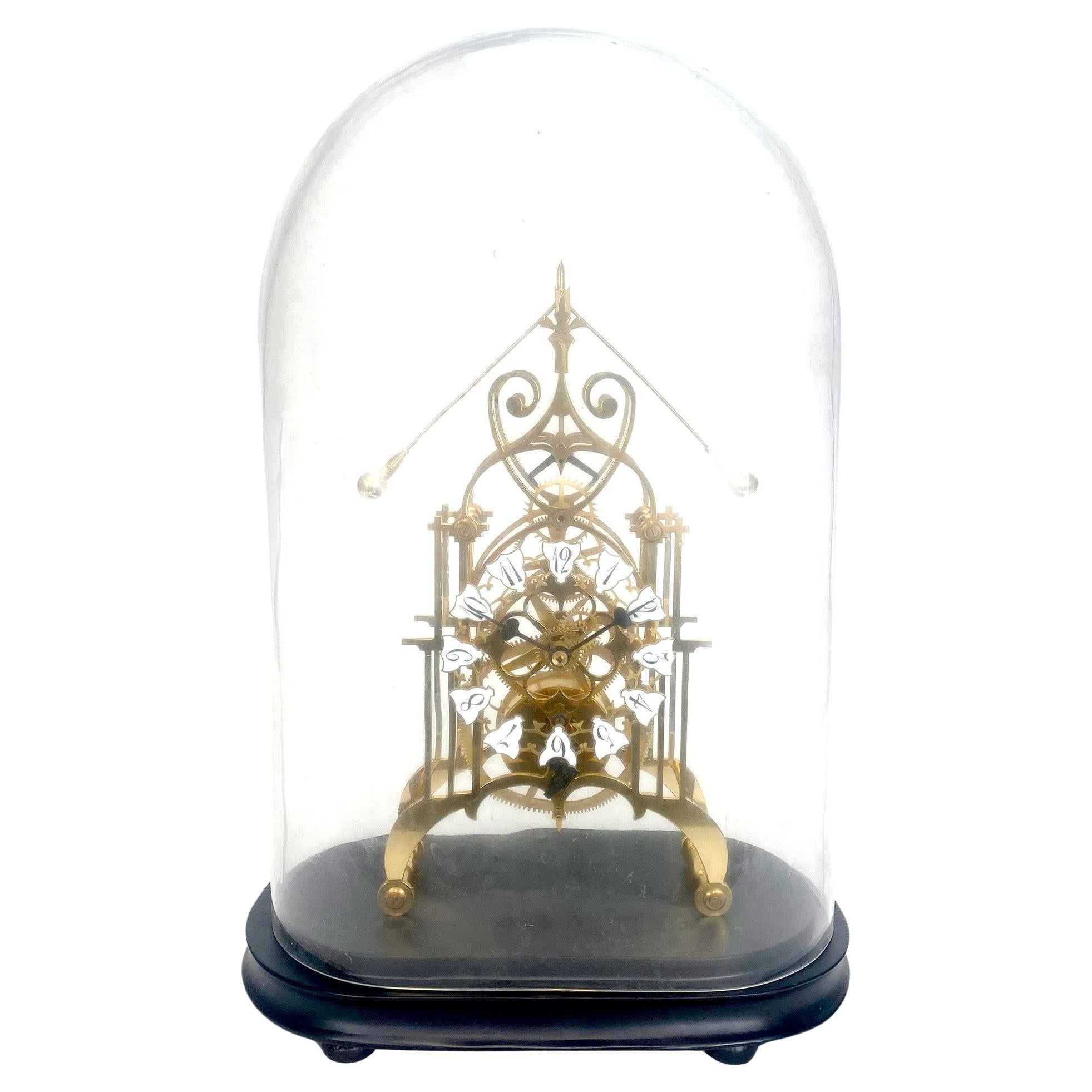 24K English Style Double Compound Rocking Pendulum 8 Day Brass Skeleton Clock For Sale