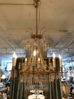 24K Gilded Bronze Swedish Style Chandelier, Blue Glass and Bohemian Crystals