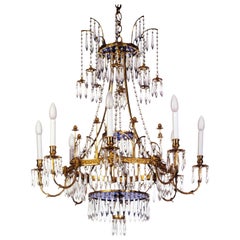24K Gilded Bronze Swedish Style Chandelier, Blue Glass and Bohemian Crystals