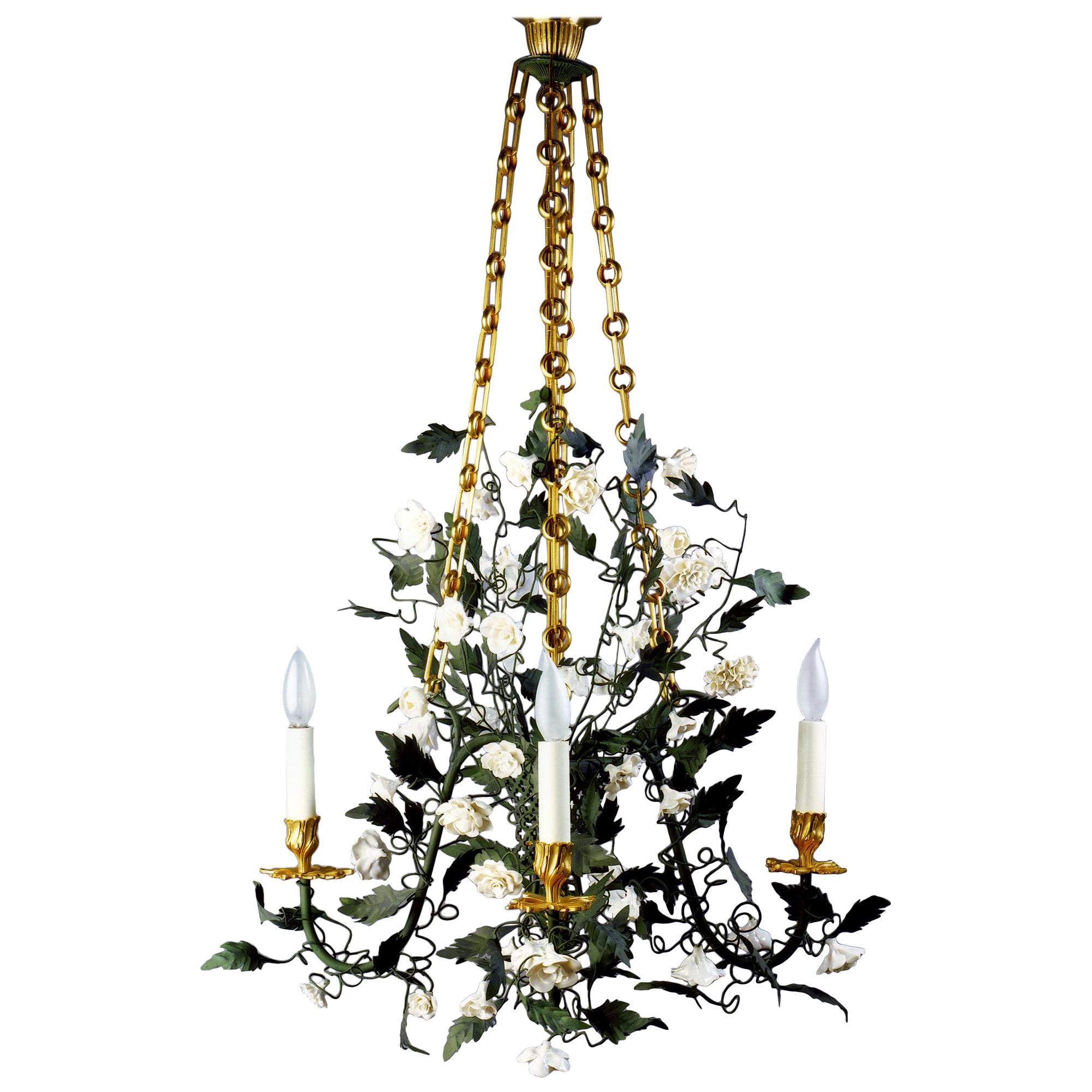 24-Karat Gilded Bronze with Porcelain Flowers "Pompadour" Chandelier For Sale