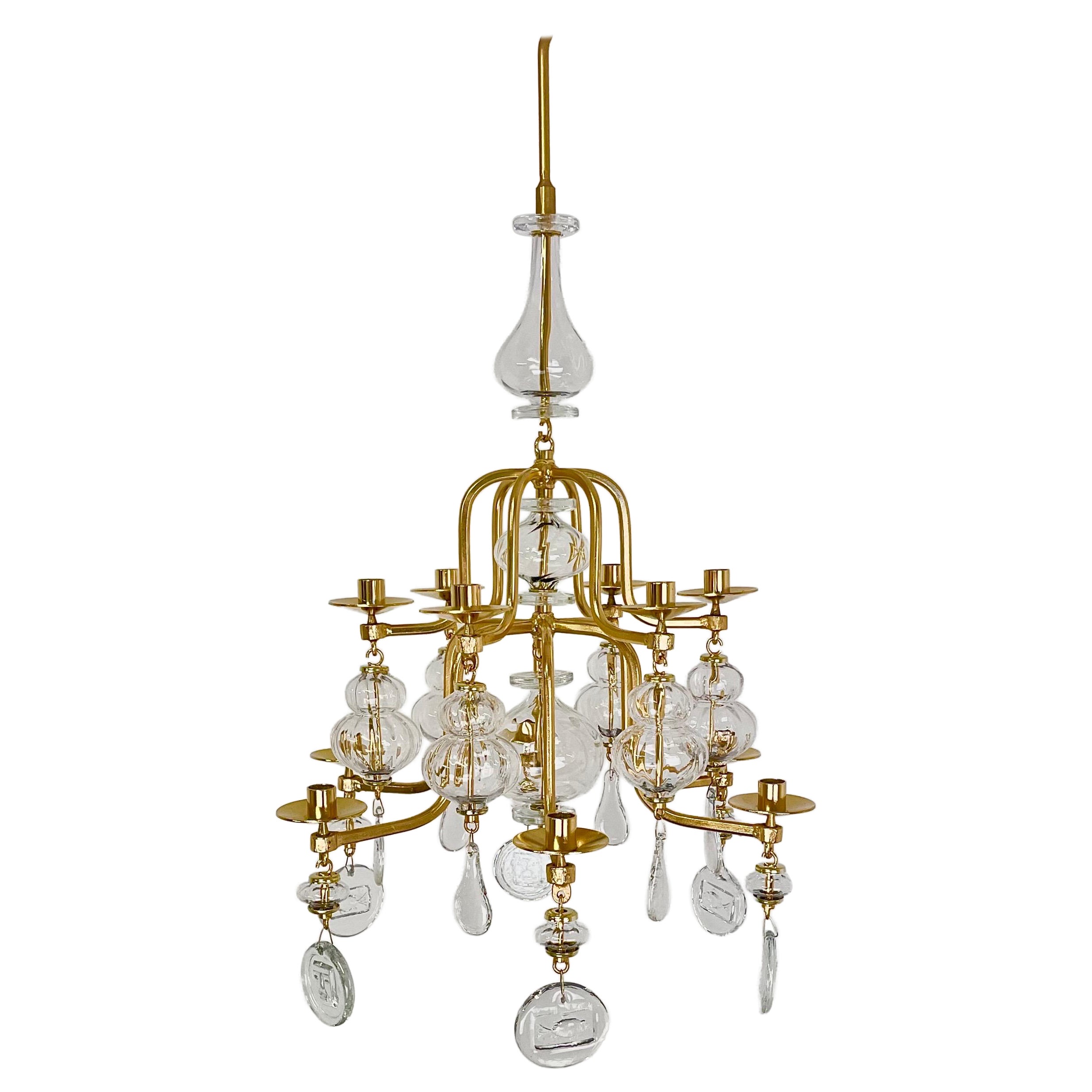 24K Gilt 1960s 12-arm Iron and Glass Chandlier by Erik Höglund, Boda Glasbruk