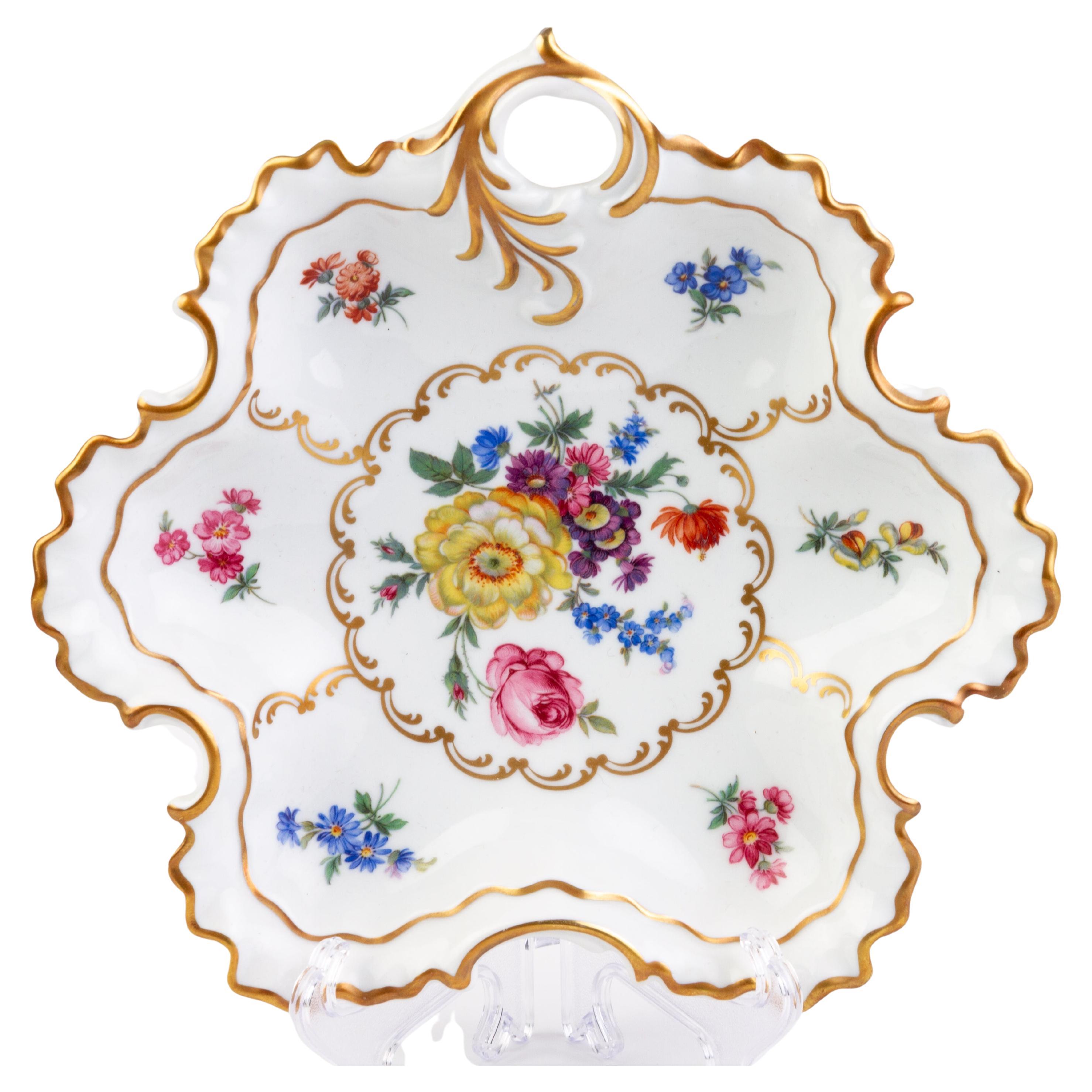 24K Gilt Gold Fine Porcelain German Bavarian Hand Painted Floral Dish Plate  For Sale