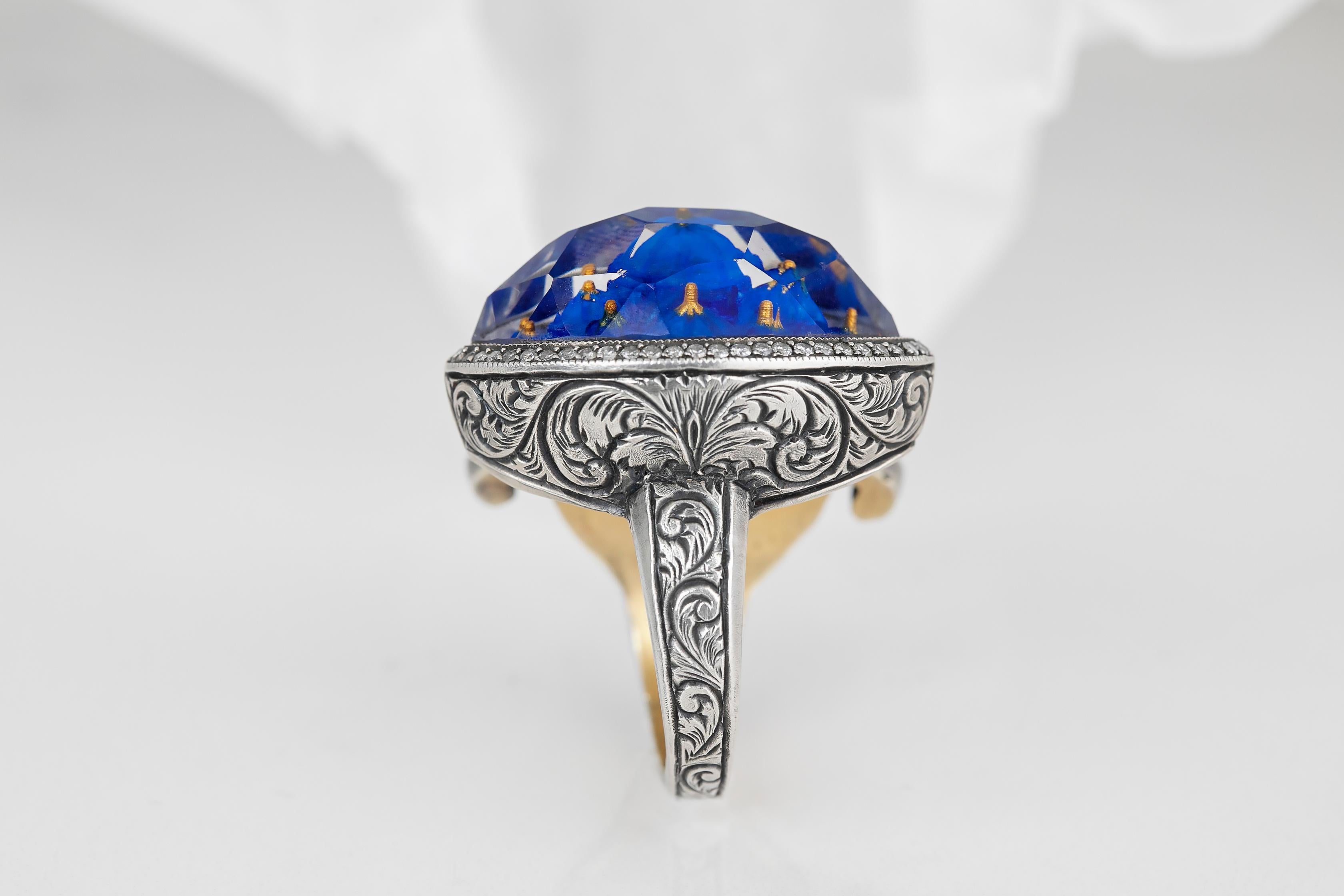 24K Gold & 925K Silver Carved Blue Mosque Enganed Ring with 0.57 ct Diamond 10