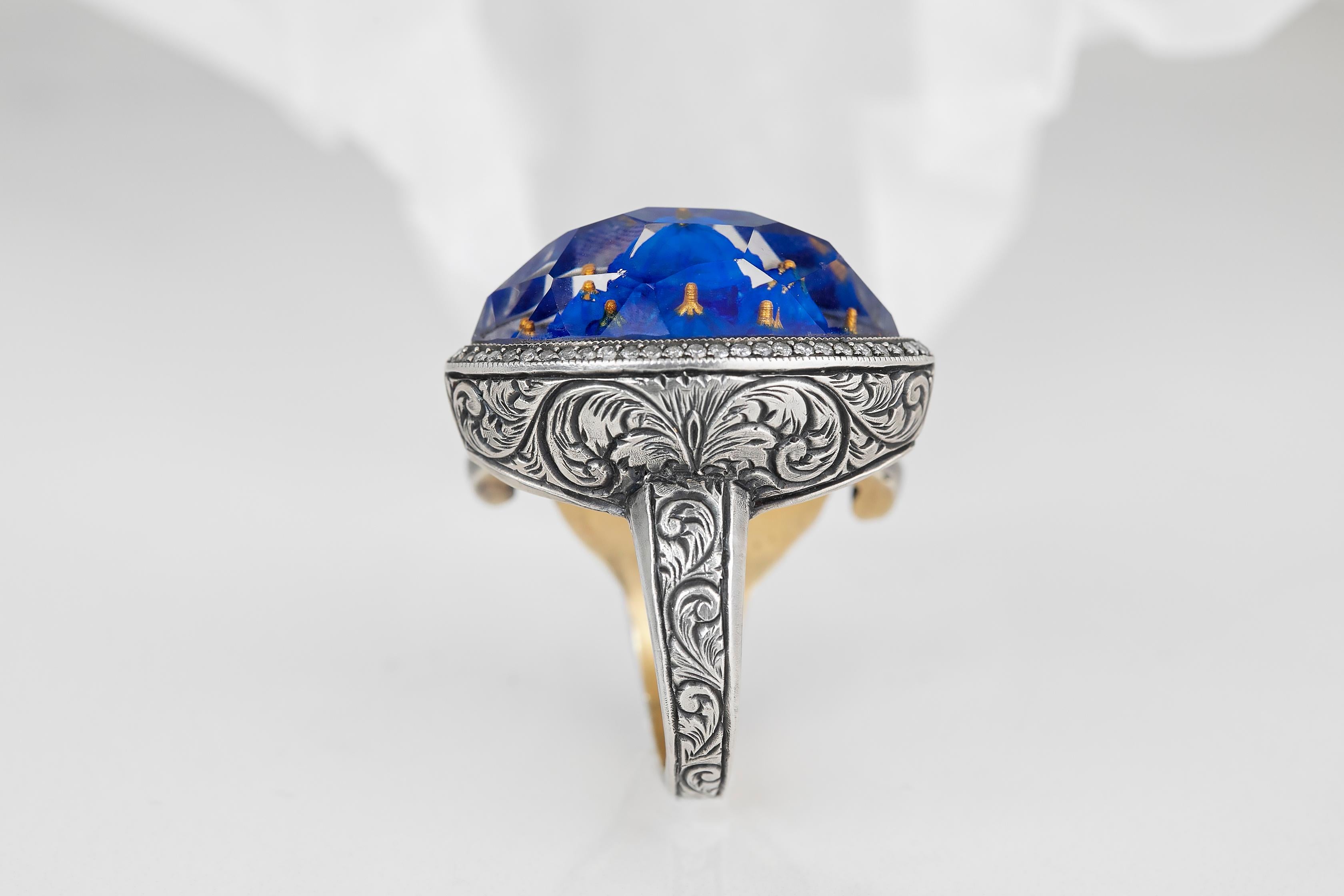 En vente :  Bague en or 24 carats et argent 925 carats avec mosquée bleue sculptée et diamants 0,57 carat 10