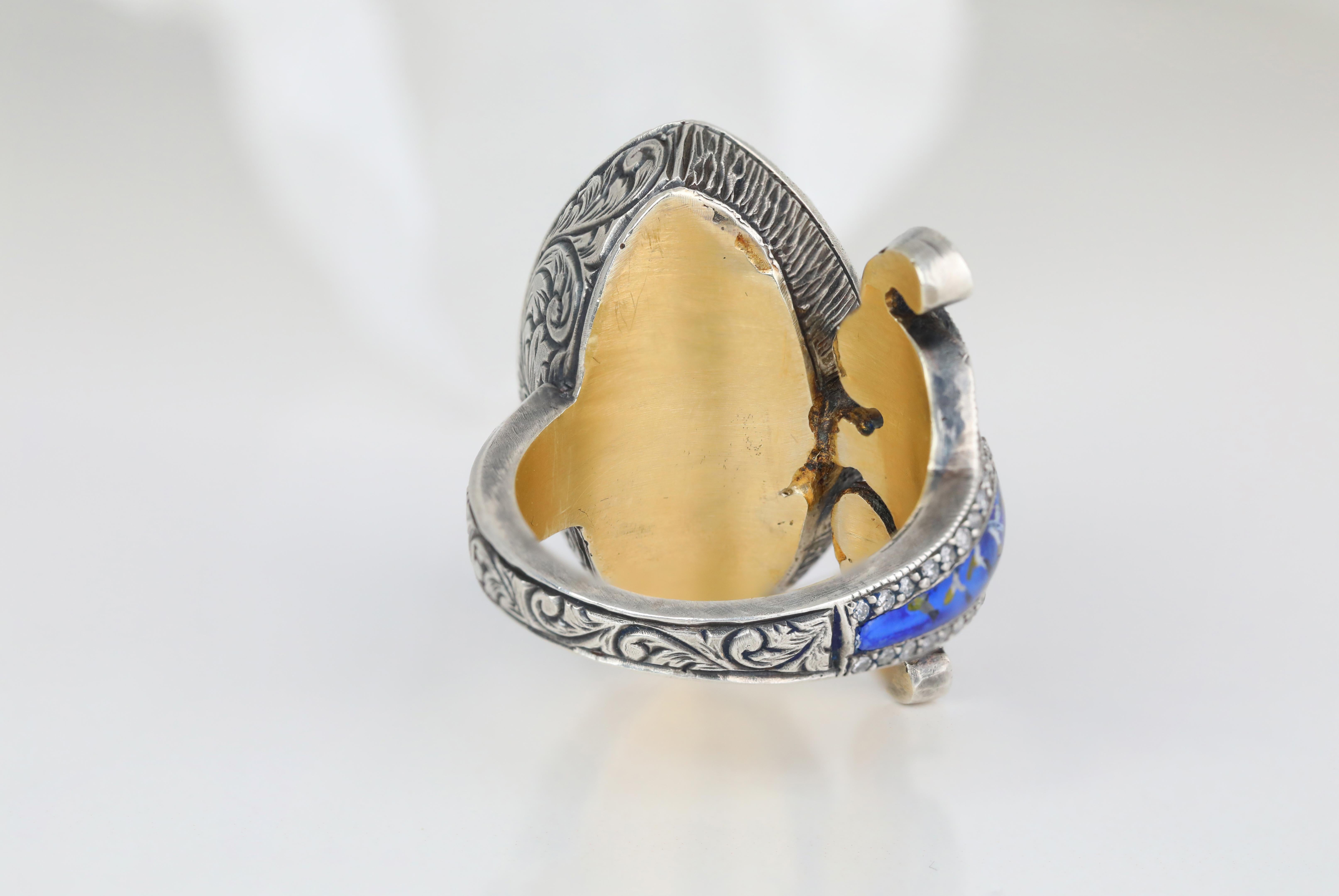 For Sale:  24K Gold & 925K Silver Carved Blue Mosque Enganed Ring with 0.57 ct Diamond 11