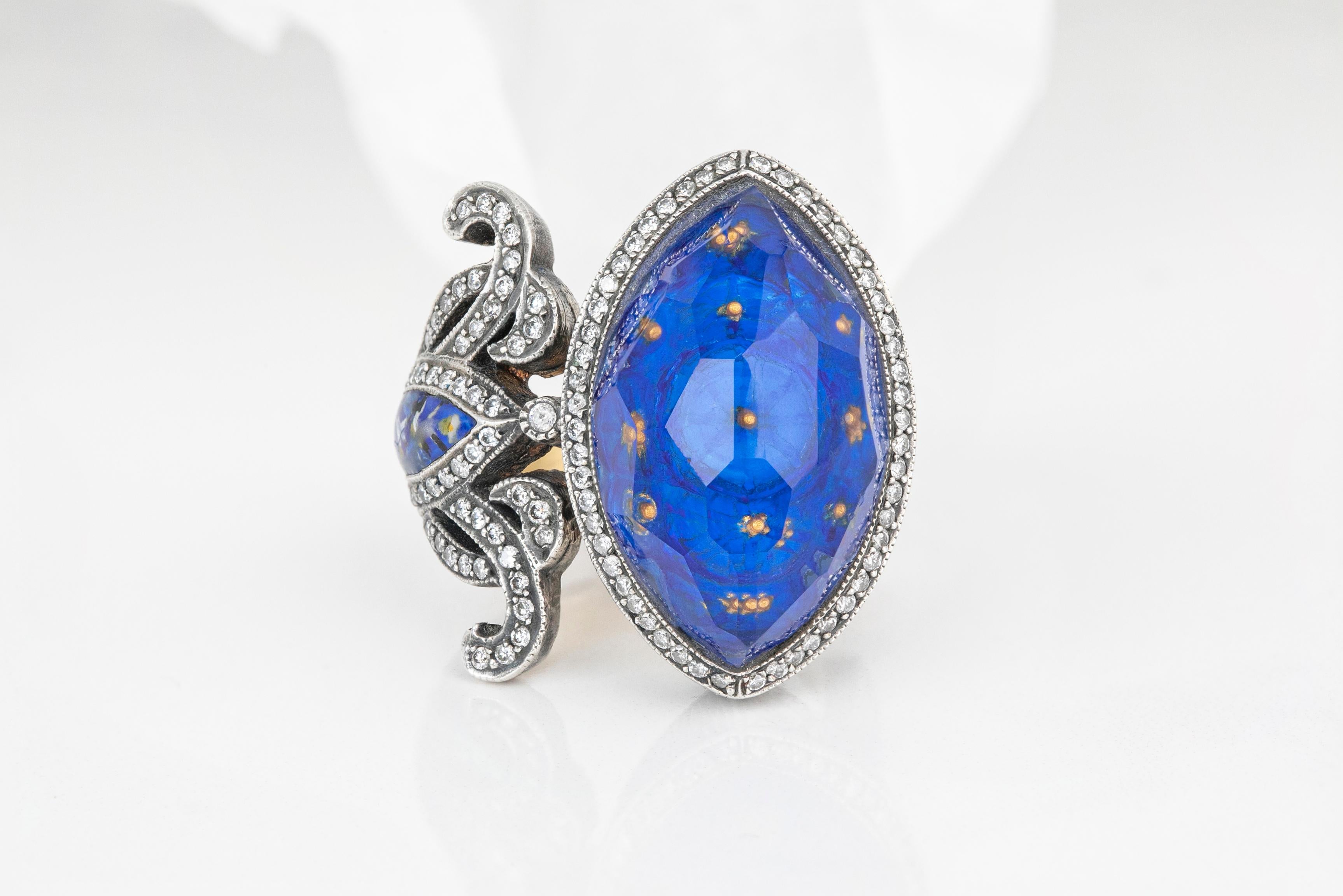 For Sale:  24K Gold & 925K Silver Carved Blue Mosque Enganed Ring with 0.57 ct Diamond 12