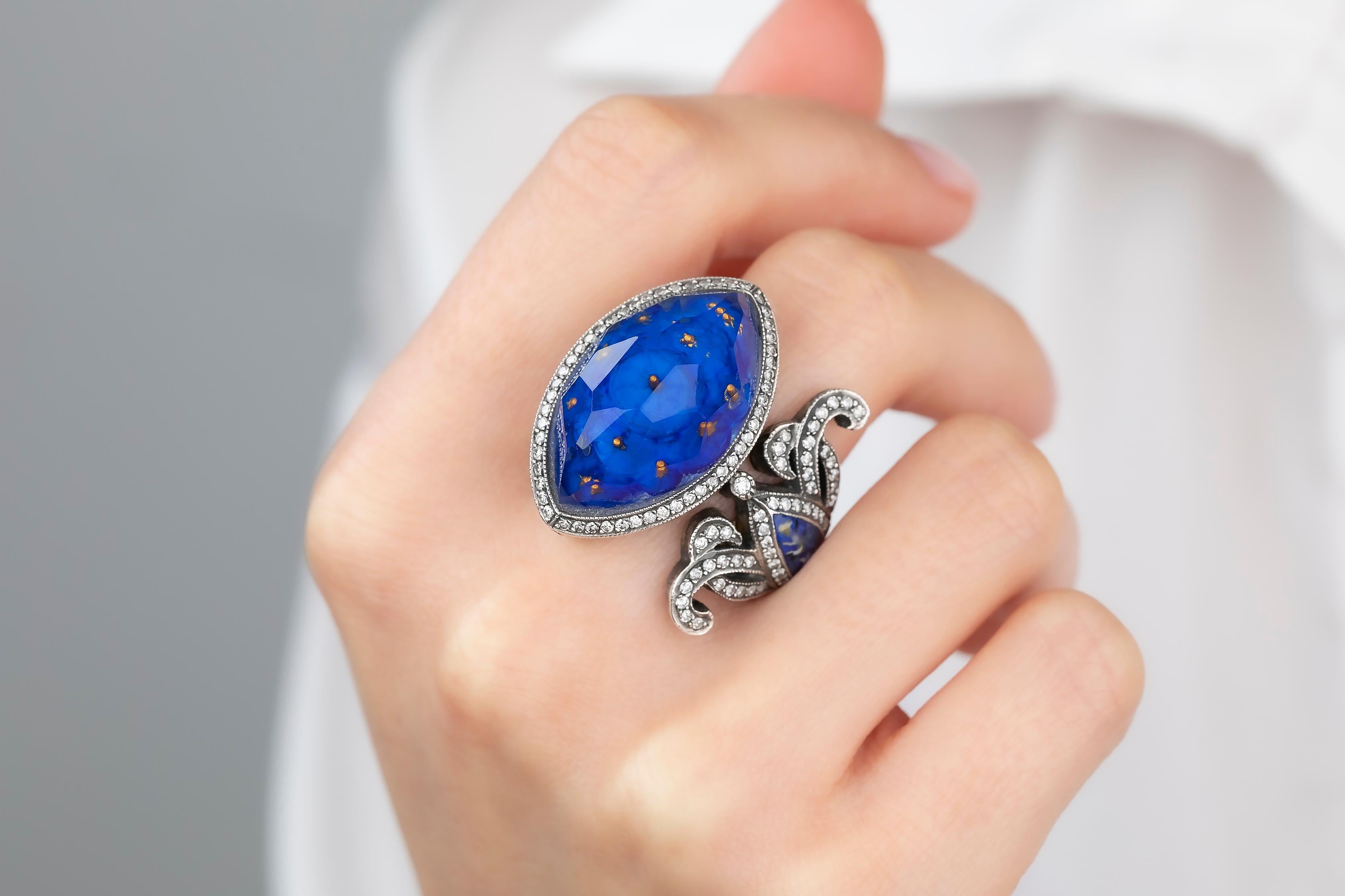 24K Gold & 925K Silver Carved Blue Mosque Enganed Ring with 0.57 ct Diamond 4
