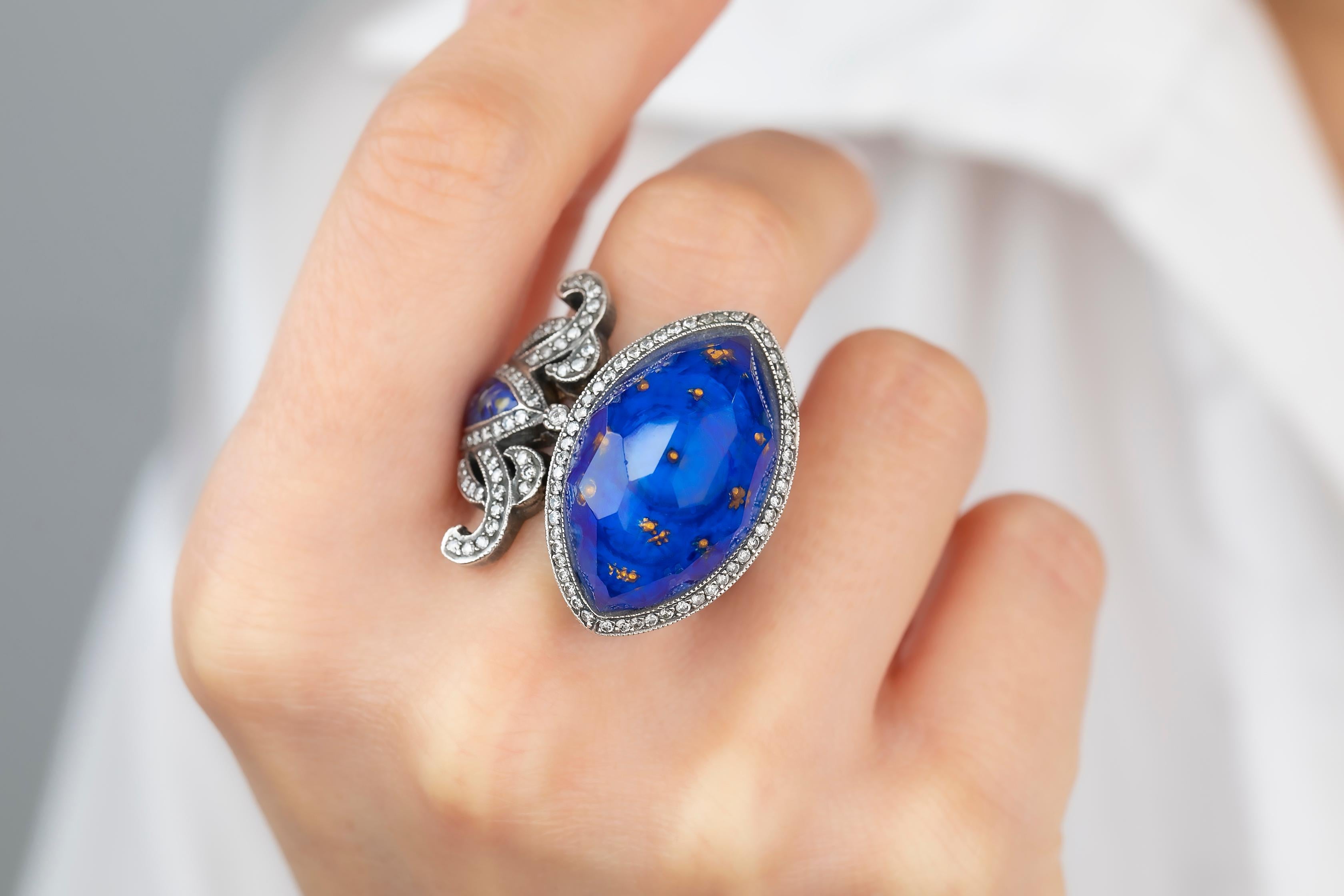 For Sale:  24K Gold & 925K Silver Carved Blue Mosque Enganed Ring with 0.57 ct Diamond 7