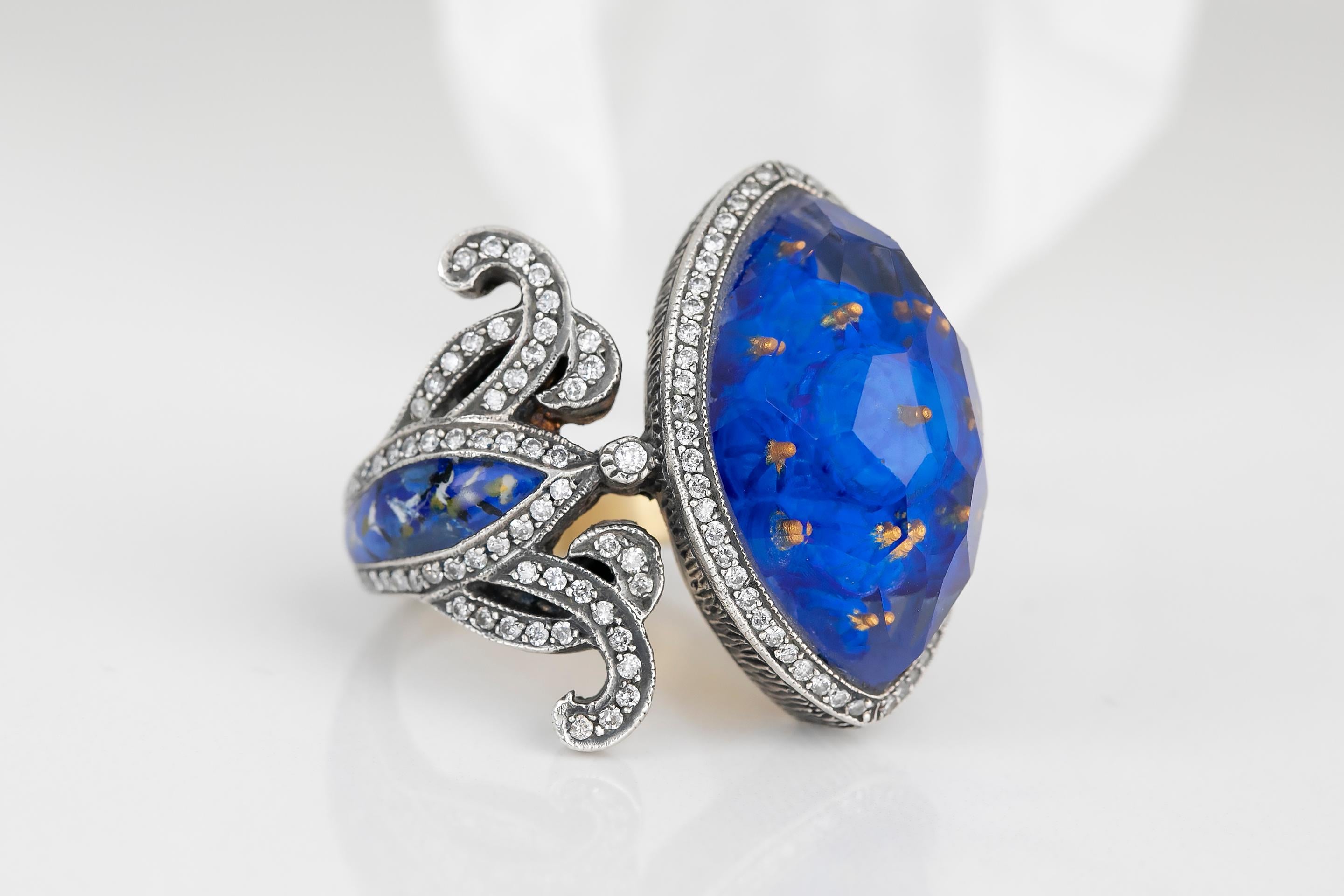 24K Gold & 925K Silver Carved Blue Mosque Enganed Ring with 0.57 ct Diamond 8
