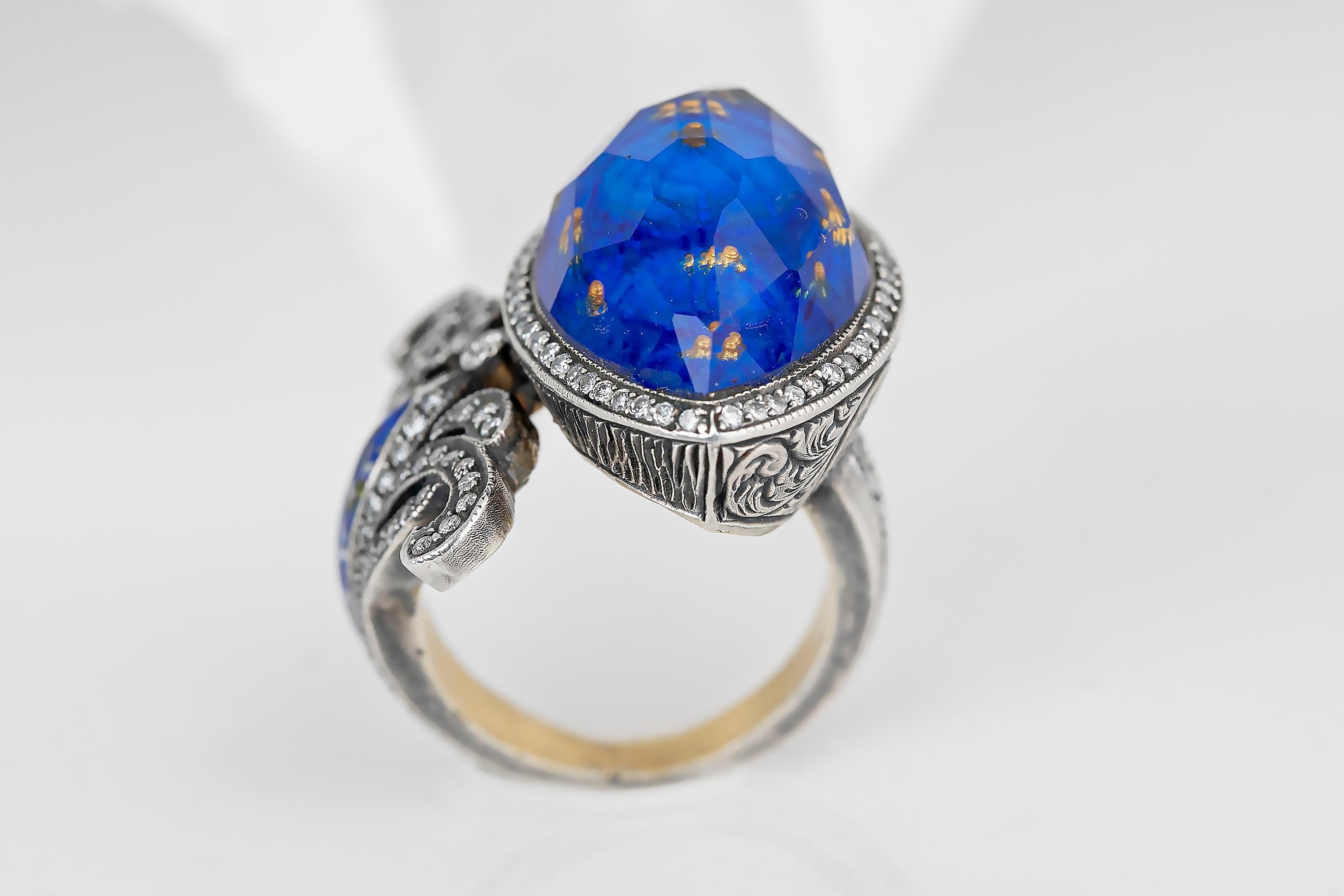 For Sale:  24K Gold & 925K Silver Carved Blue Mosque Enganed Ring with 0.57 ct Diamond 9