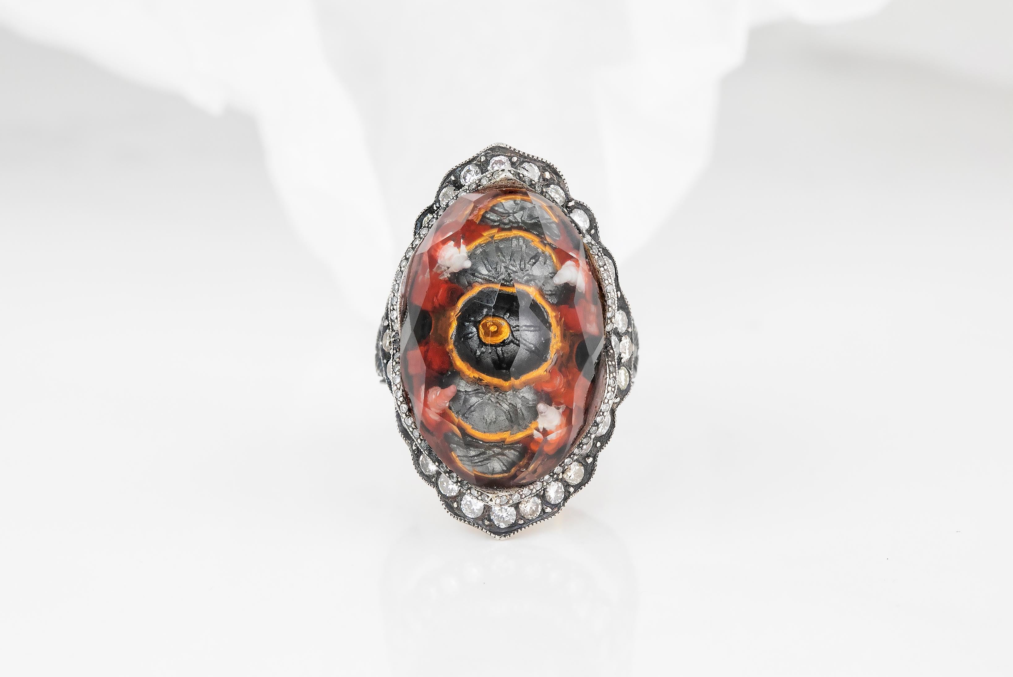 For Sale:  24K Gold & 925K Silver Carved Hagia Sophia Enganed Ring with 0.52 Ct Diamond 10