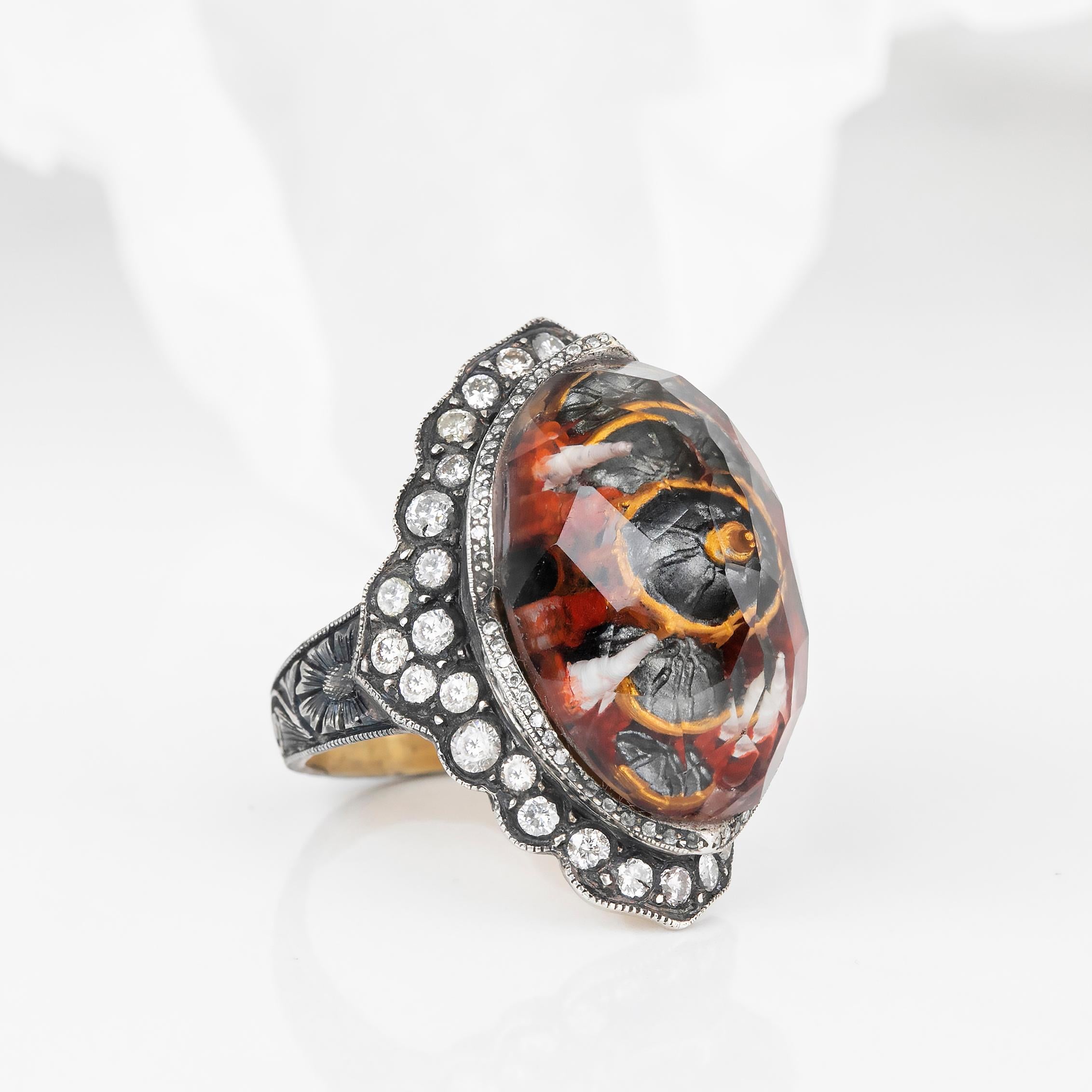 For Sale:  24K Gold & 925K Silver Carved Hagia Sophia Enganed Ring with 0.52 Ct Diamond 2