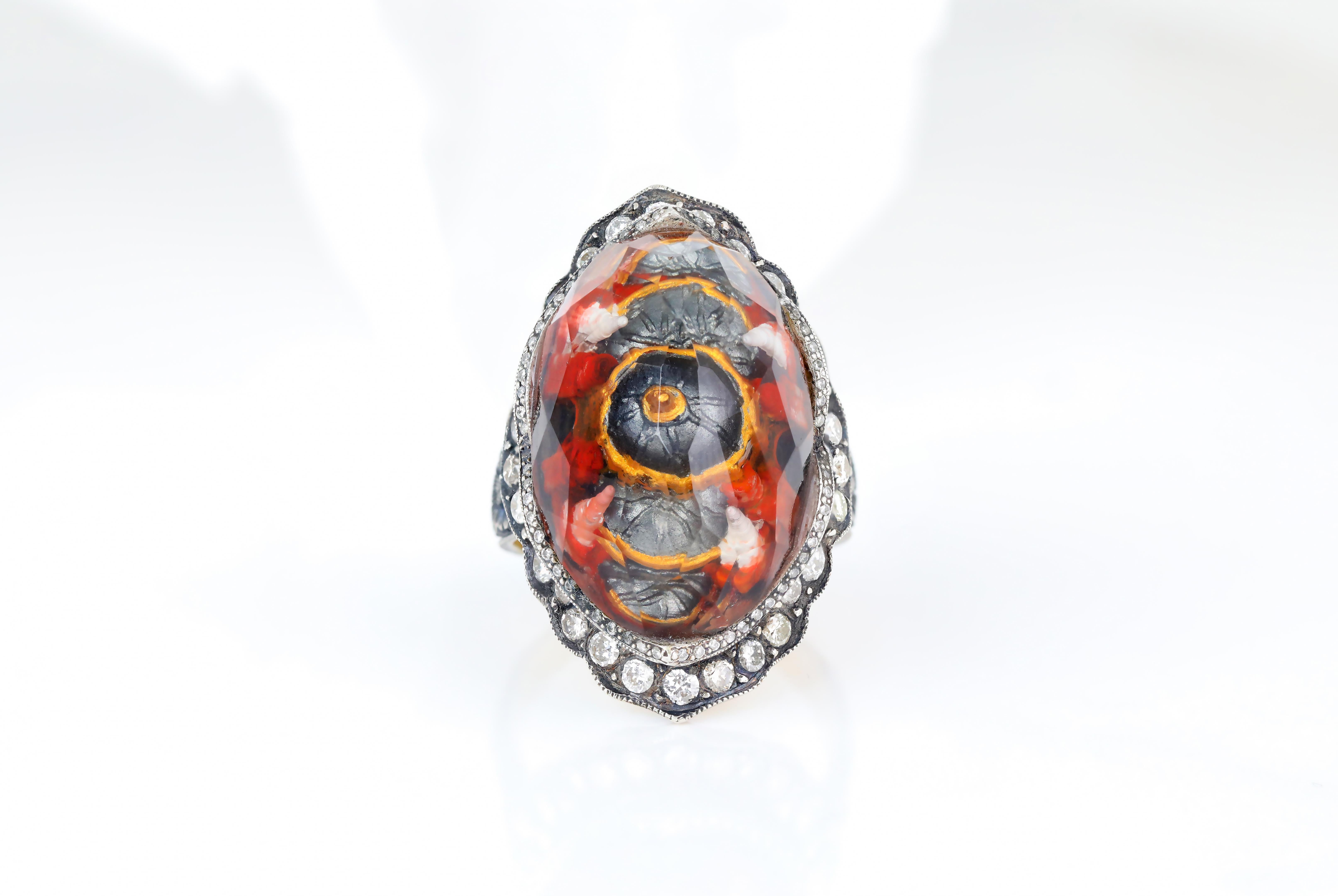For Sale:  24K Gold & 925K Silver Carved Hagia Sophia Enganed Ring with 0.52 Ct Diamond 7