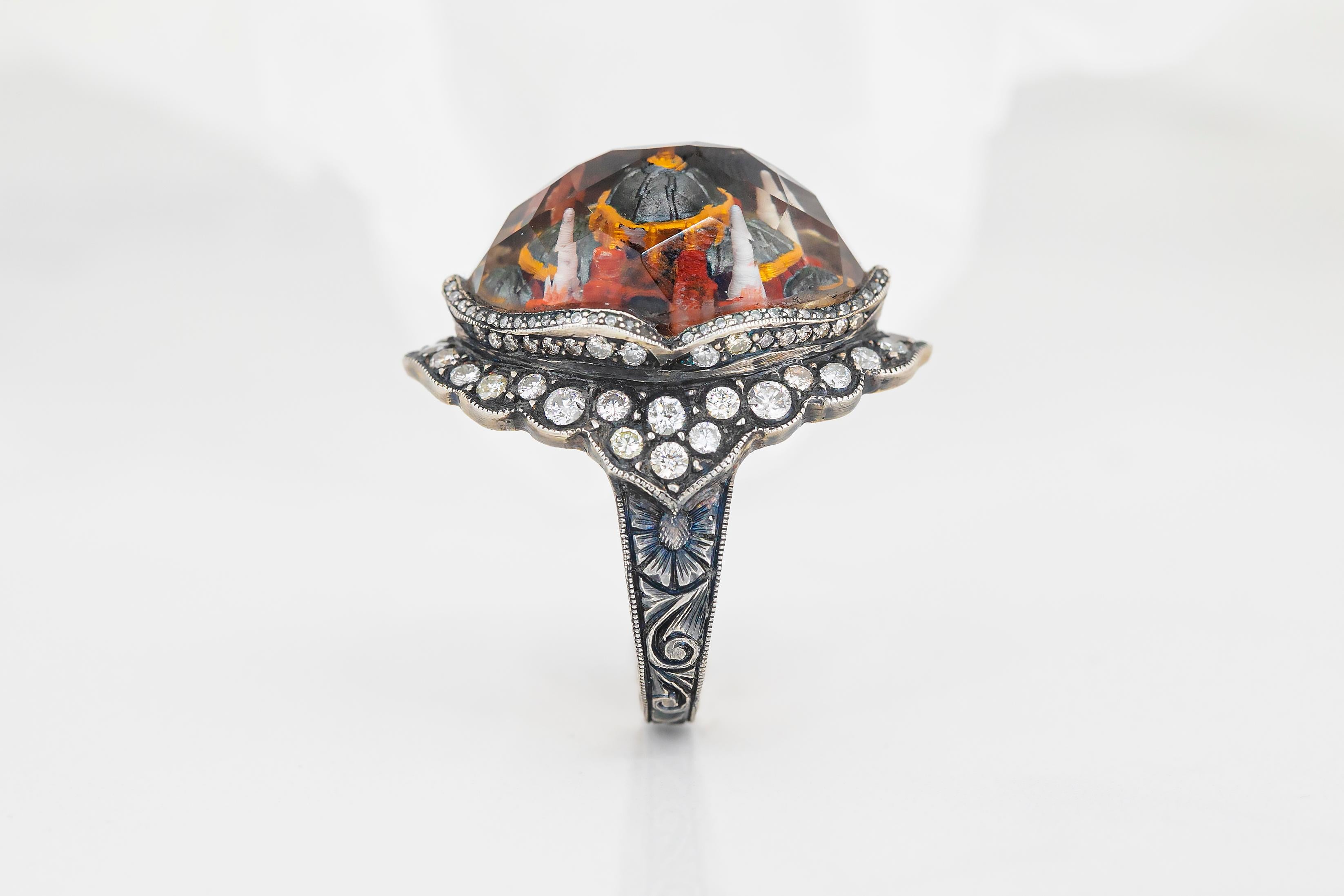 For Sale:  24K Gold & 925K Silver Carved Hagia Sophia Enganed Ring with 0.52 Ct Diamond 8