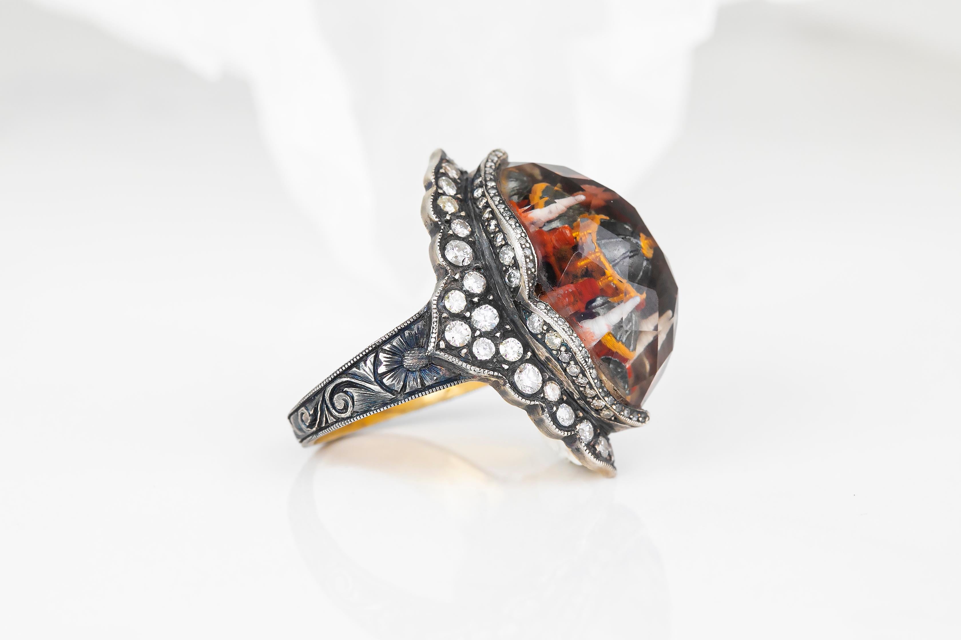 For Sale:  24K Gold & 925K Silver Carved Hagia Sophia Enganed Ring with 0.52 Ct Diamond 9