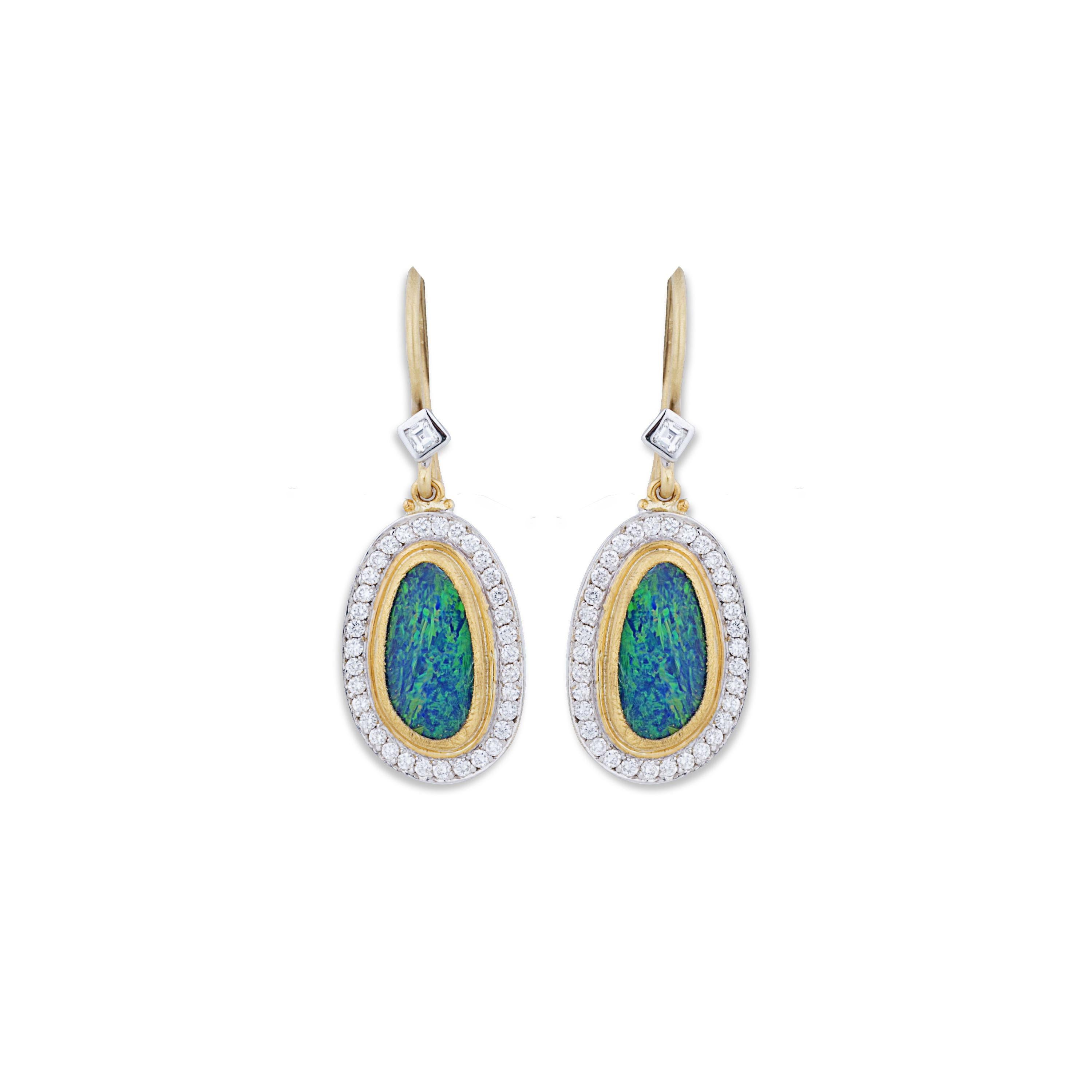 Modern 24 Karat Gold and 18 Karat White Gold Opal Diamond Ocean Drop Earrings For Sale