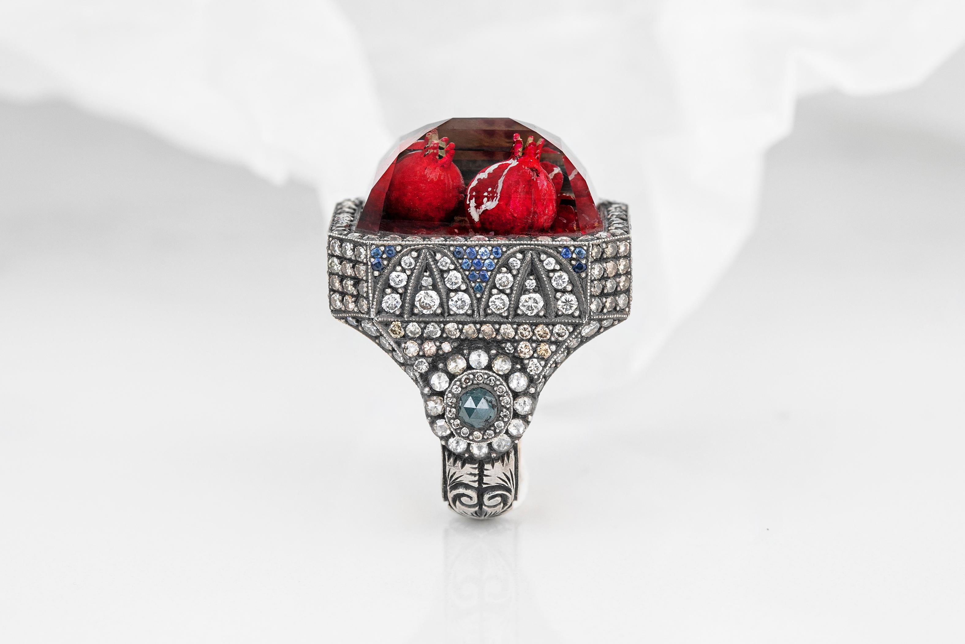 For Sale:  24k Gold and 925K Silver Carved Pomegranate Ring with 1.15 Ct Diamond 8