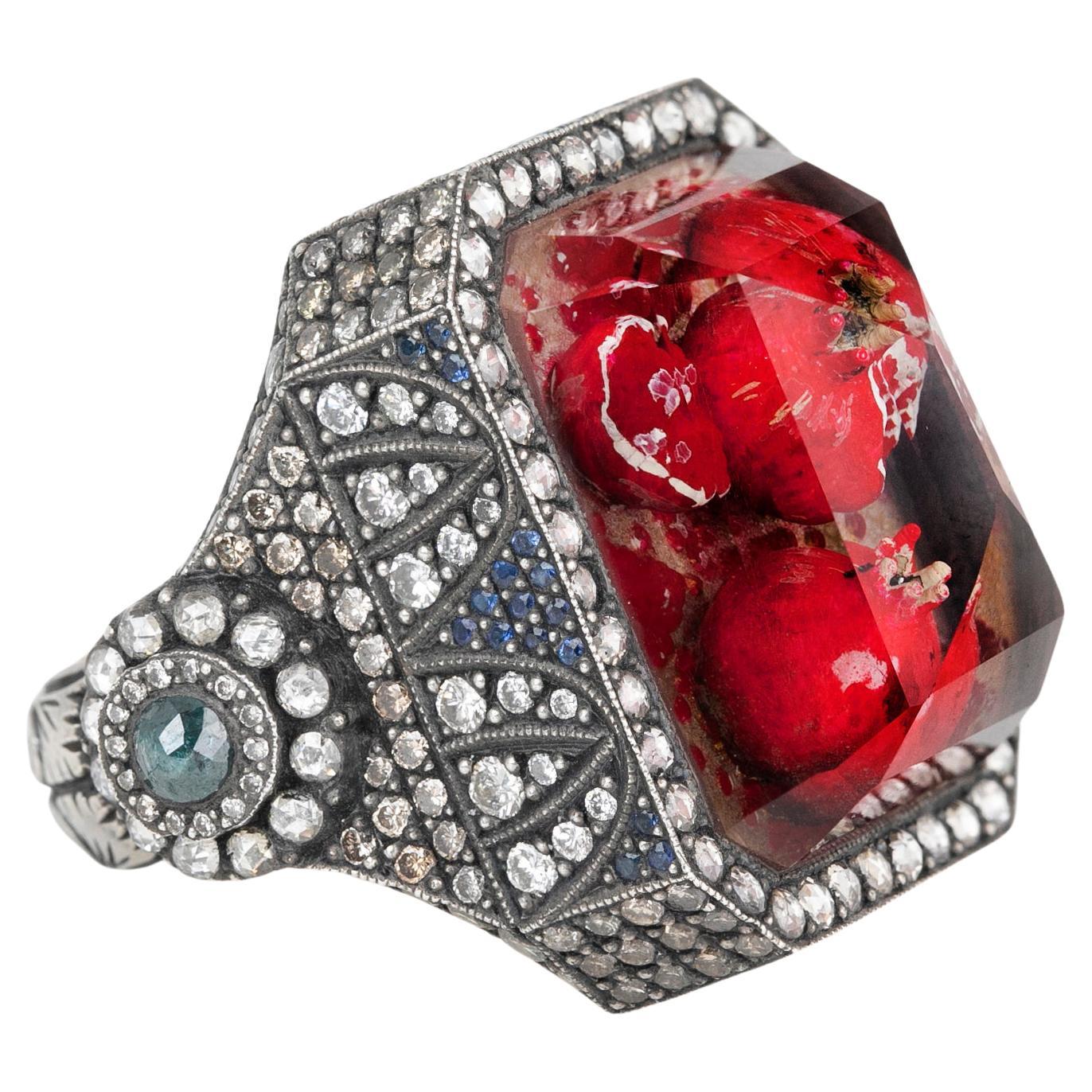 24k Gold and 925K Silver Carved Pomegranate Ring with 1.15 Ct Diamond