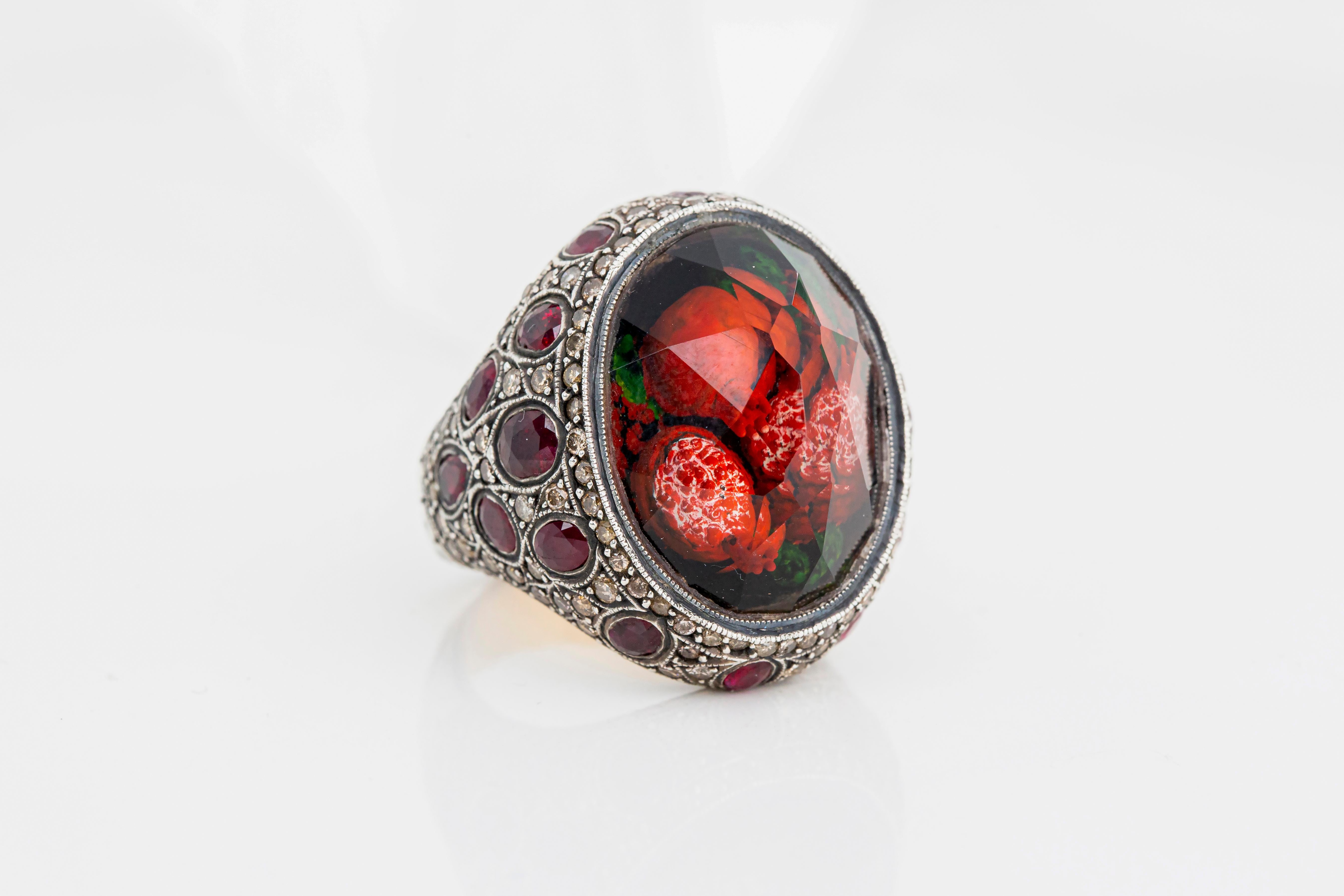 For Sale:  24k Gold and 925K Silver Carved Pomegranate Ring with 1.20 Ct Diamond 7