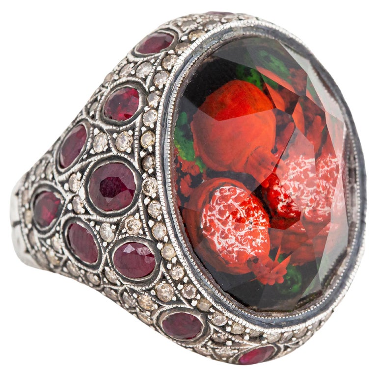 For Sale:  24k Gold and 925K Silver Carved Pomegranate Ring with 1.20 Ct Diamond